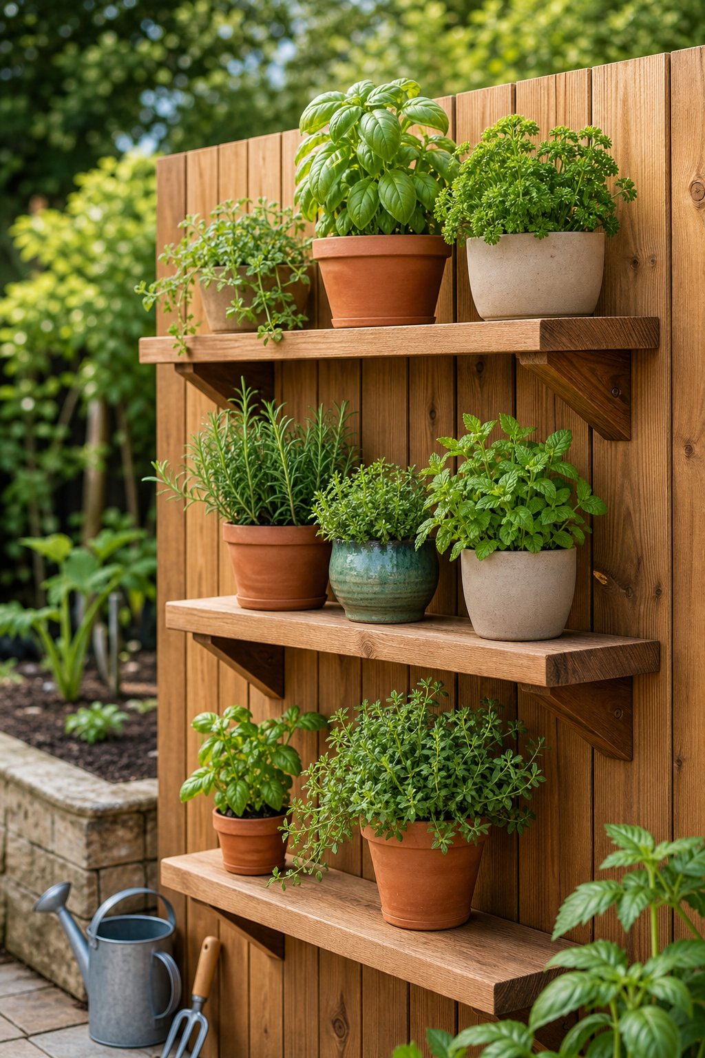 Cedar shelves mounted on a garden fence hold several potted herbs.