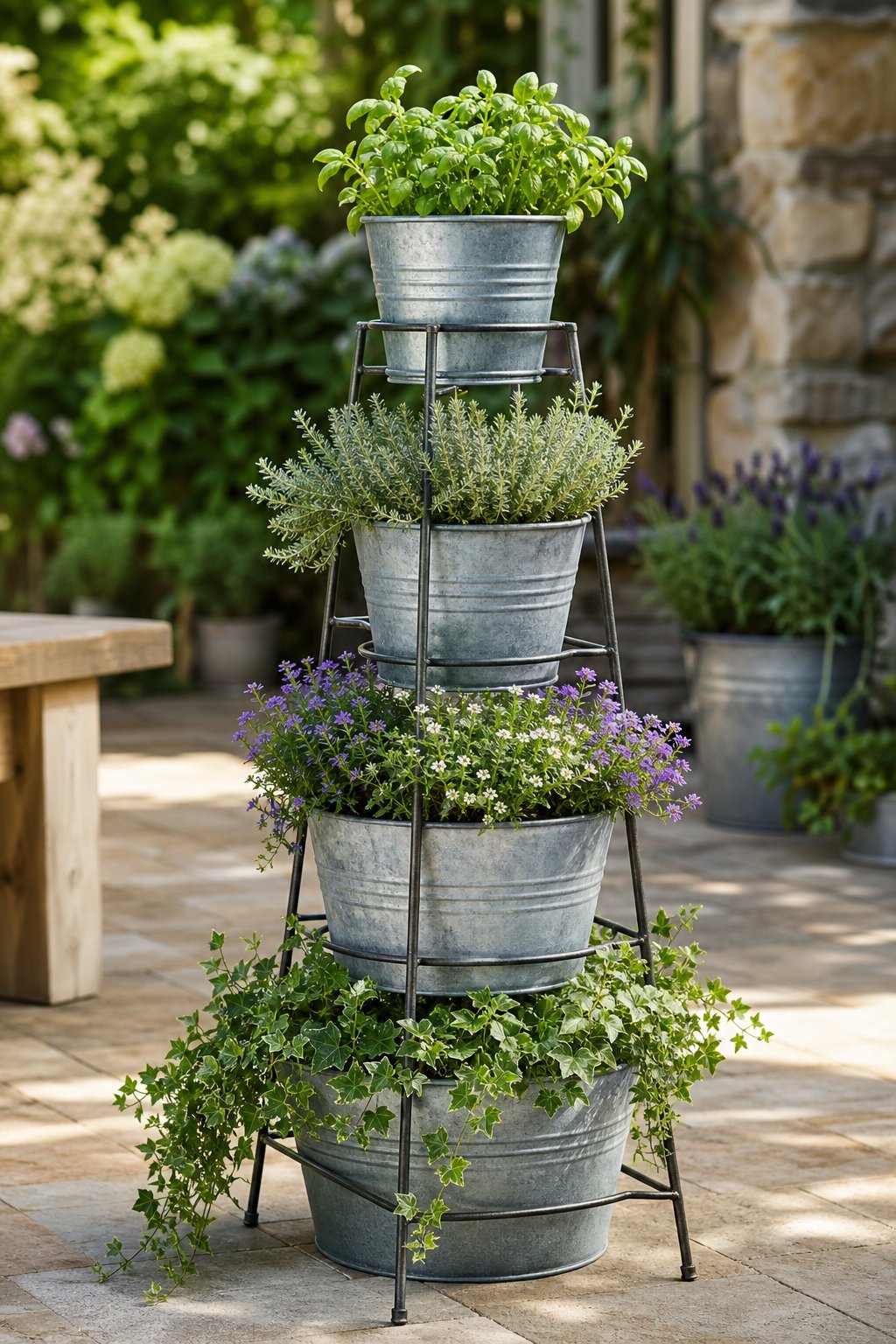 Tiered galvanized buckets holding green plants on a sunny patio.