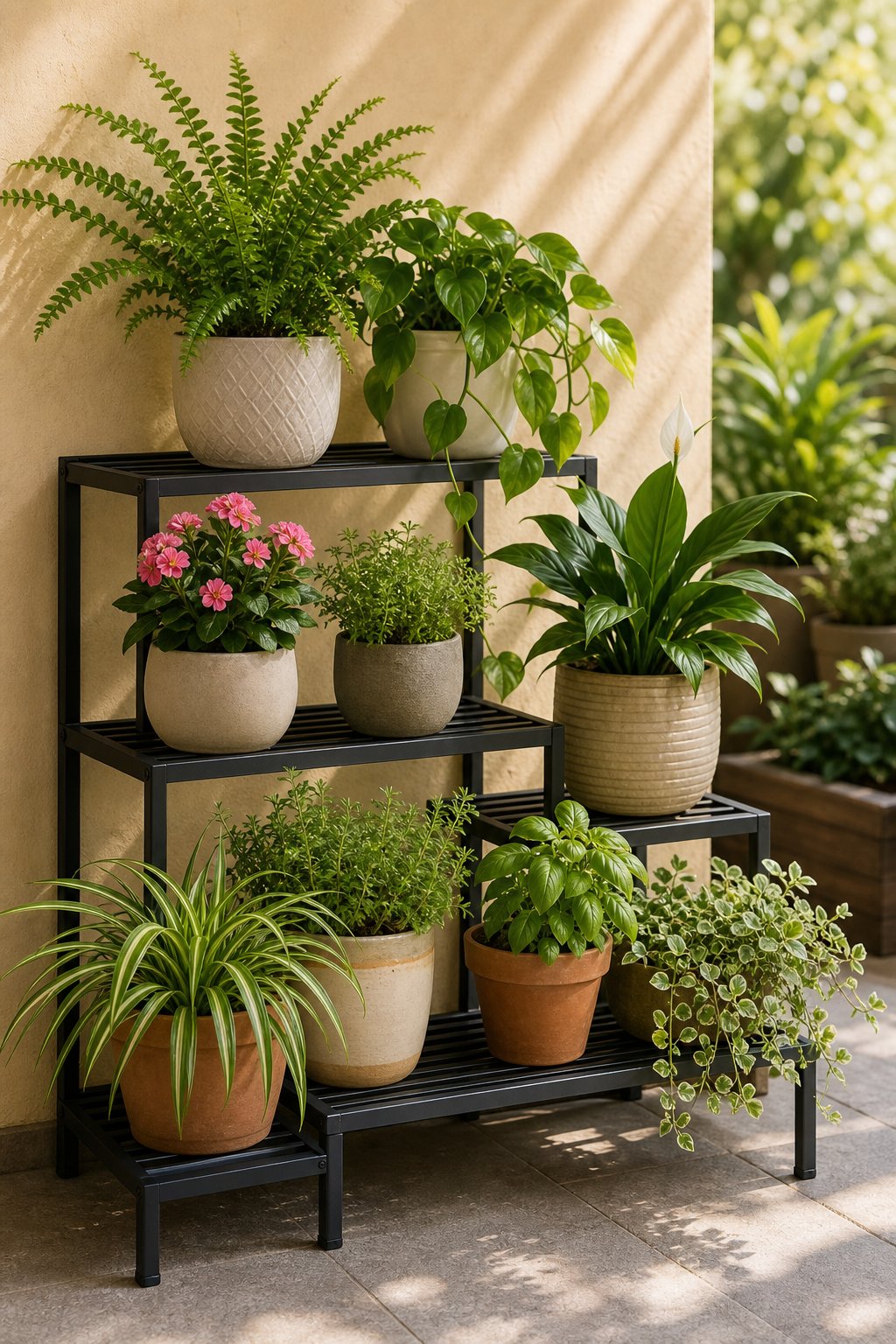 A tiered metal plant stand holding several potted plants in a sunny patio corner.