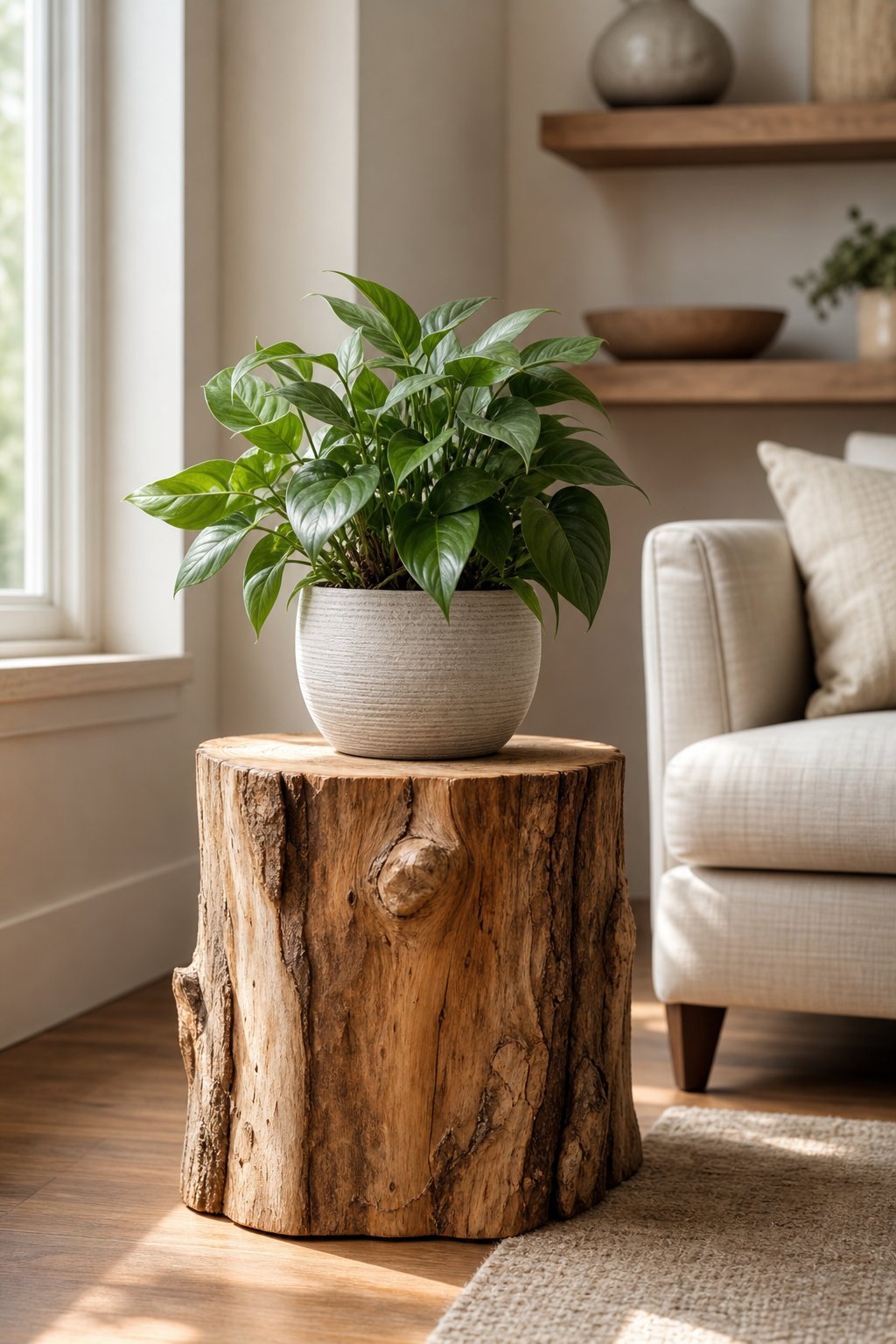A leafy potted plant displayed on a natural tree stump indoors.