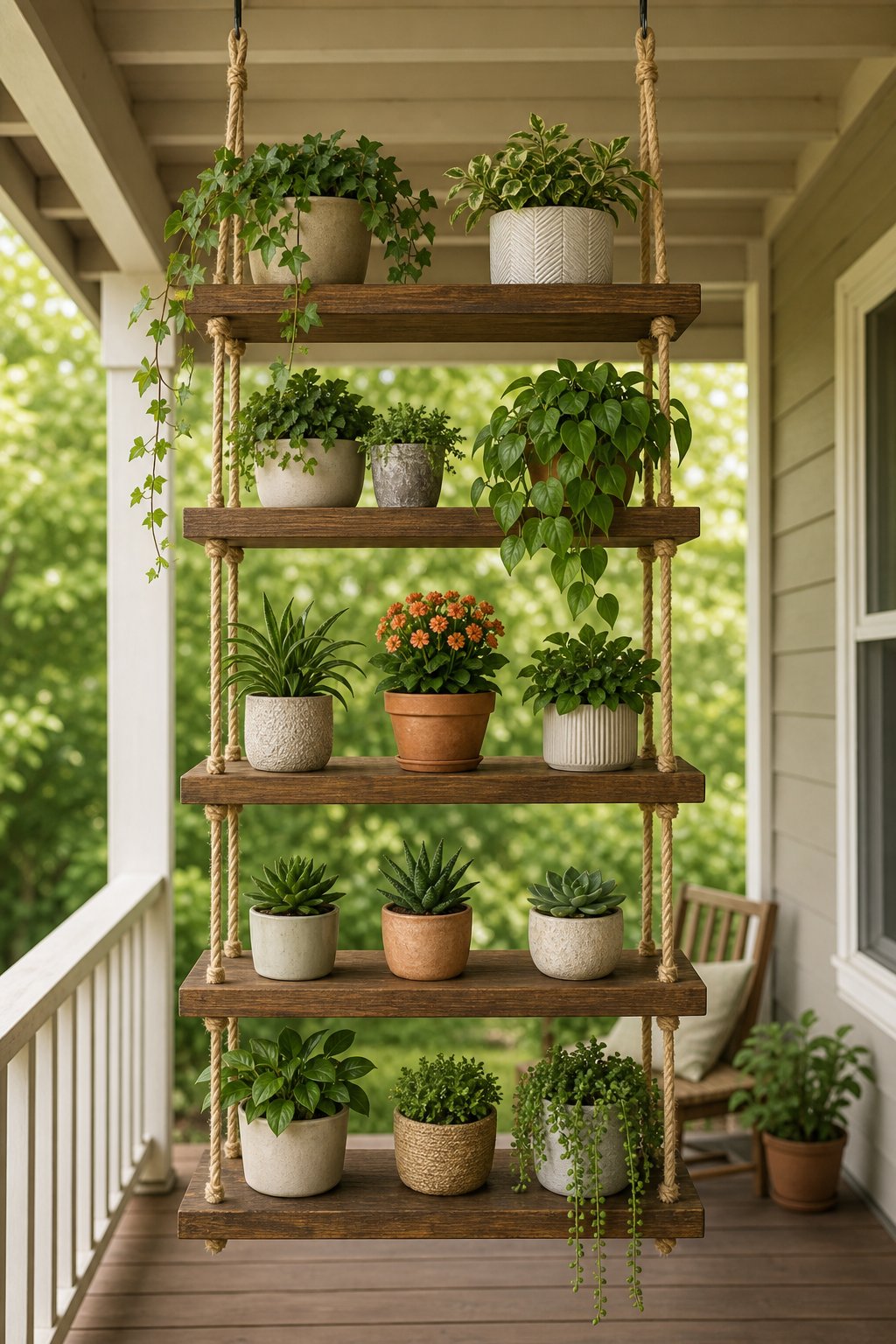 A five-tier wooden shelf hanging by ropes under a covered porch, filled with potted plants.