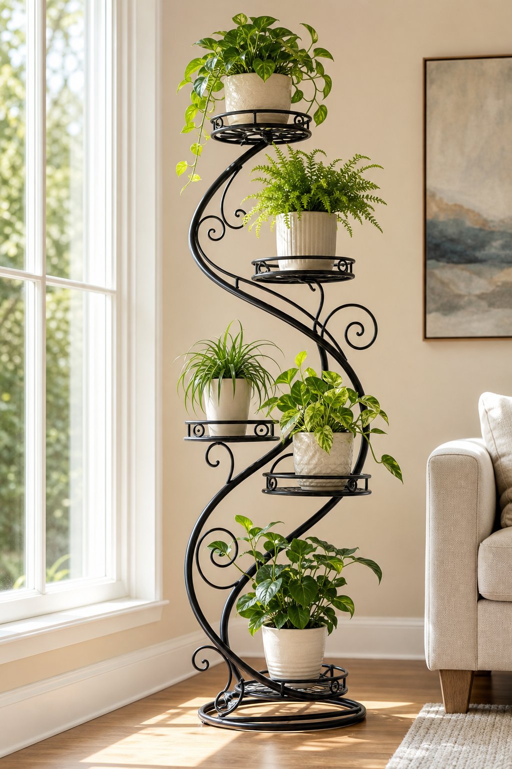 A wrought-iron spiral plant stand holding several green potted plants beside a bright window.
