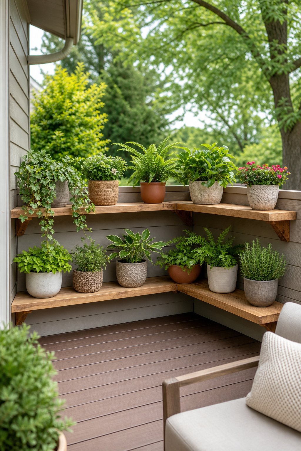 L-shaped wooden corner shelves filled with potted plants beside a backyard deck.
