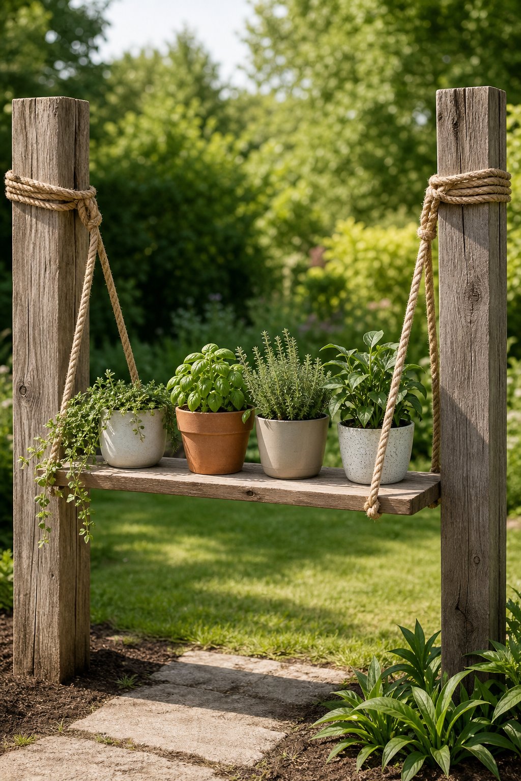 A rope-supported wooden shelf filled with potted plants hangs between two wooden fence posts in a sunny garden.
