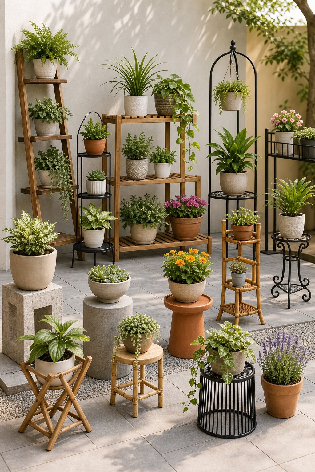 A patio garden displays many potted plants on a variety of outdoor stands.