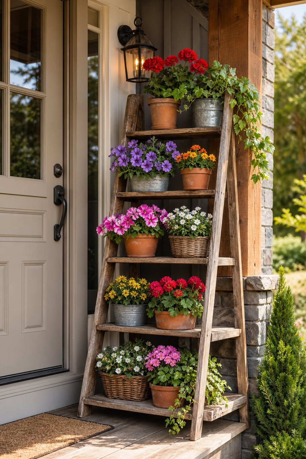 A rustic ladder shelf filled with potted flowers and greenery on a front porch.