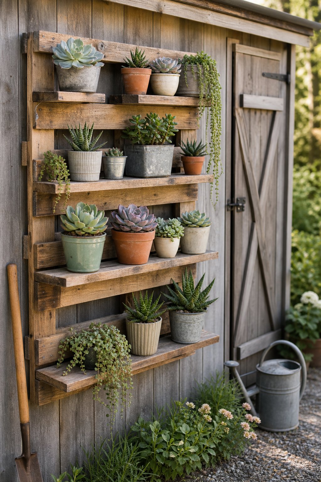 A wall-mounted wooden pallet shelf beside a garden shed holds several potted succulents.