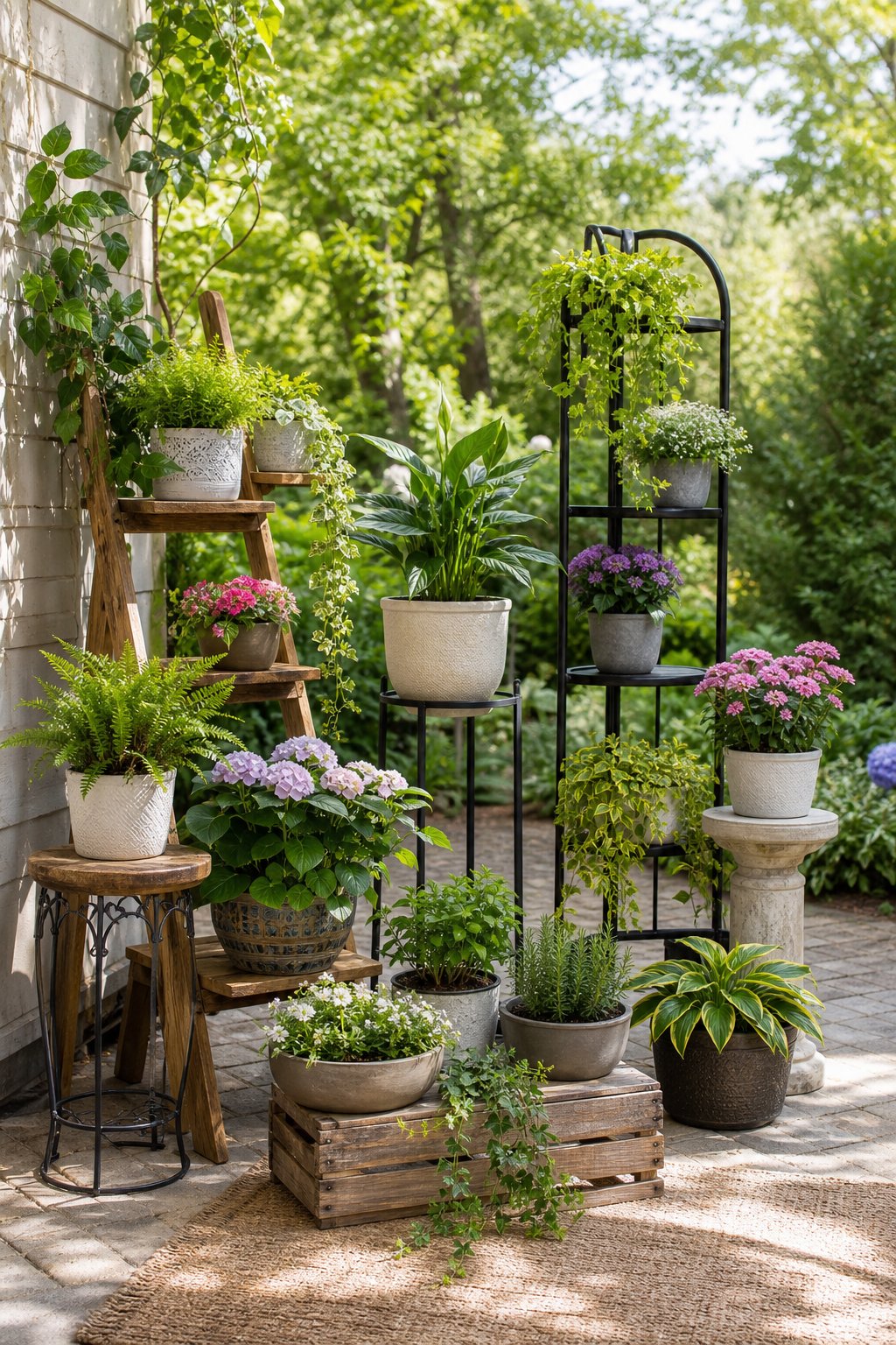 A balanced outdoor display of leafy and flowering plants arranged on plant stands at different heights.