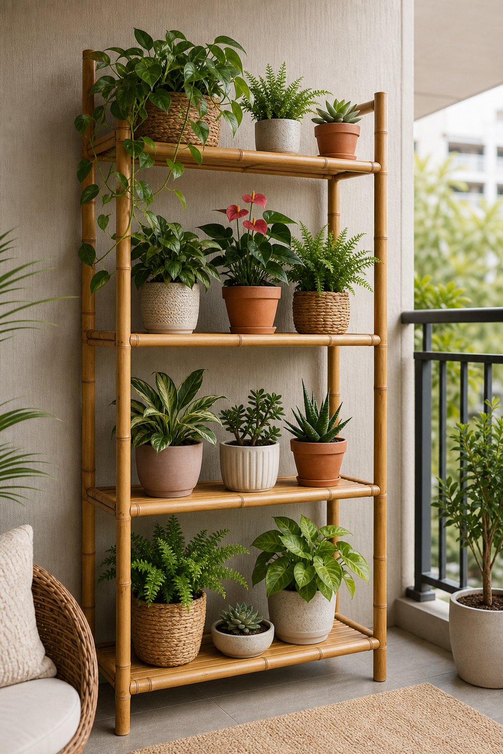 A freestanding bamboo shelf holding assorted potted plants on a covered balcony.