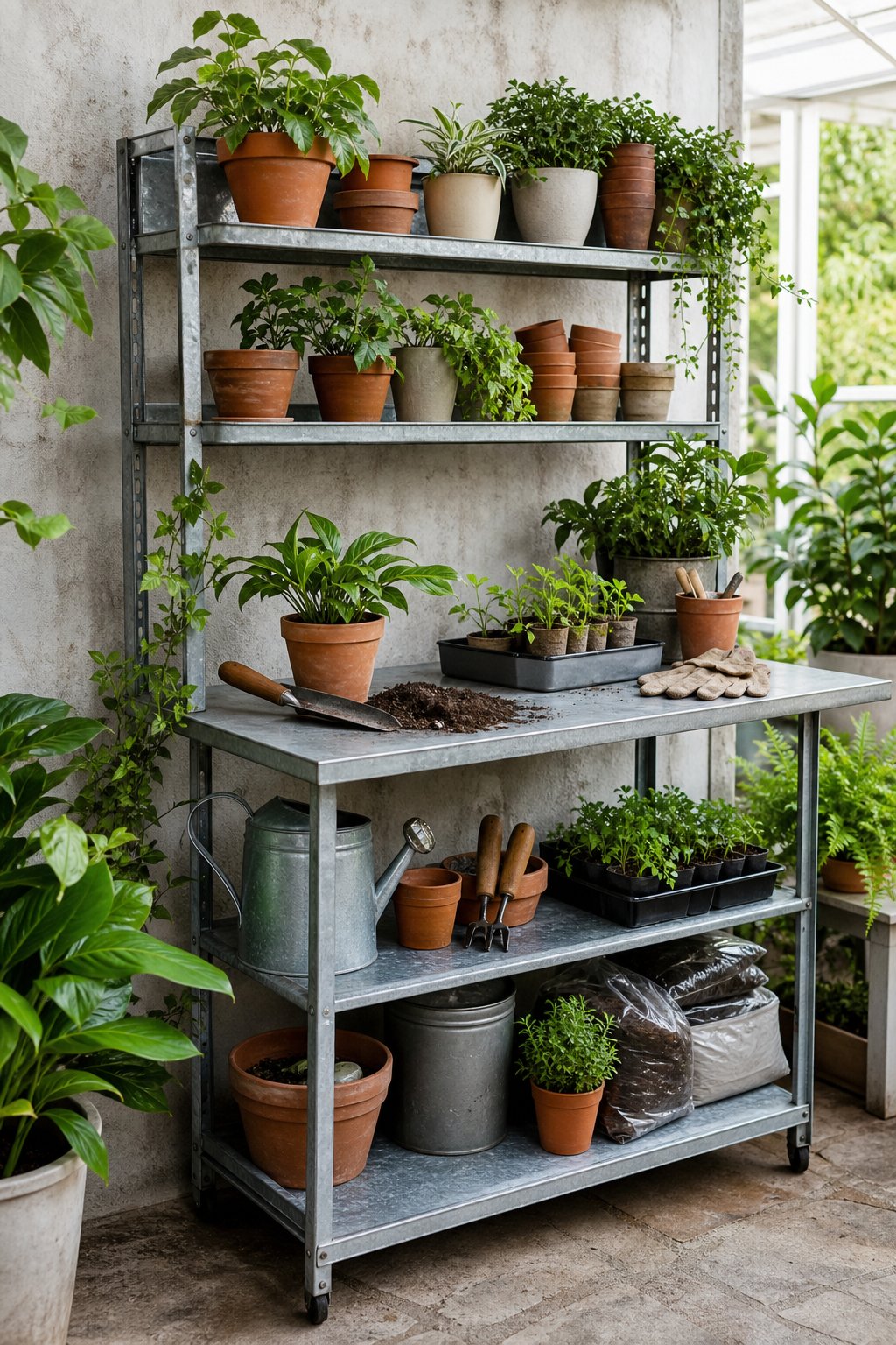 Galvanized metal baker’s rack organized as a potting bench with potted plants, gardening tools, and supplies.