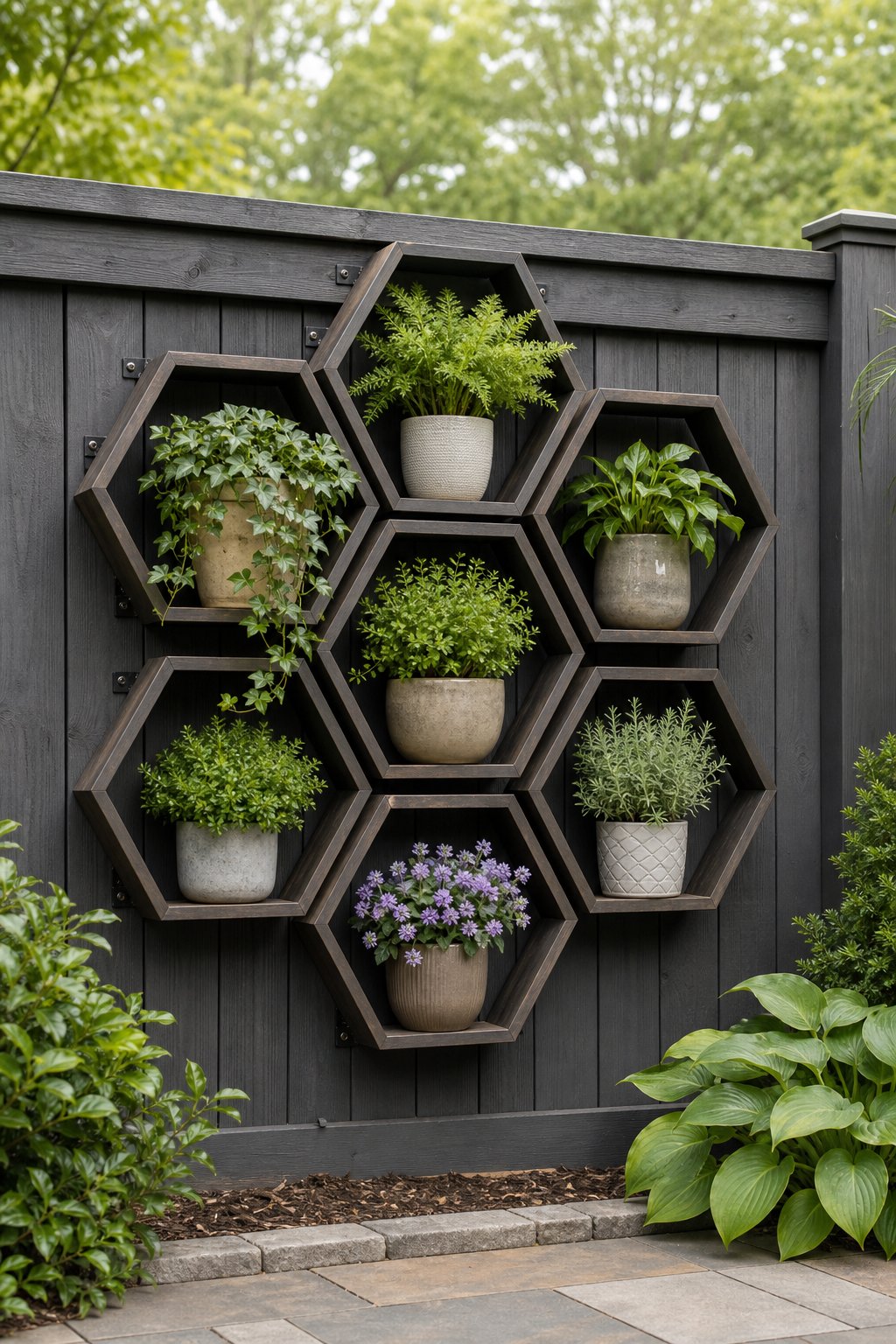 Hexagon shelves holding potted plants are mounted on a garden fence.