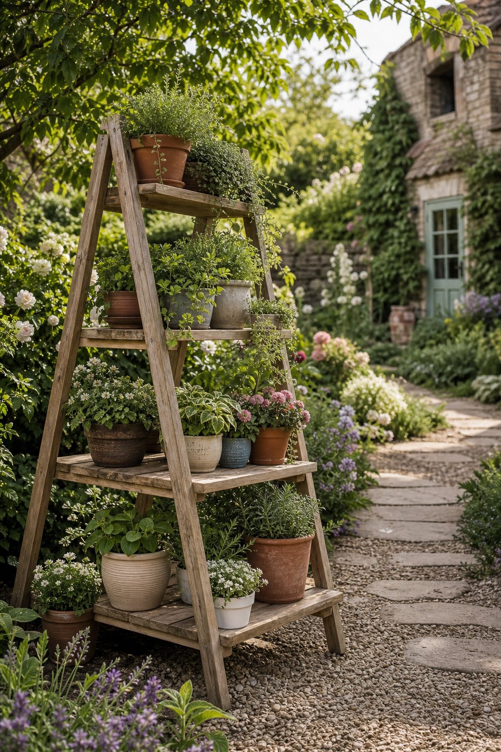 A wooden A-frame plant stand filled with potted greenery beside a cottage garden path.