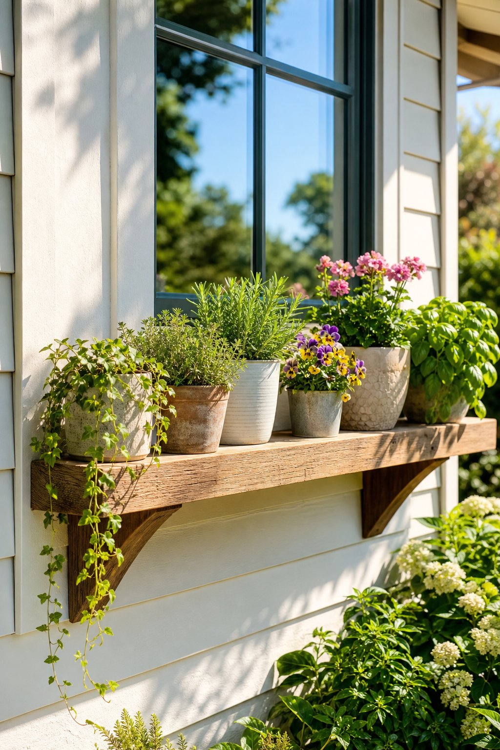 A wooden shelf filled with potted plants beneath a sunny exterior window.