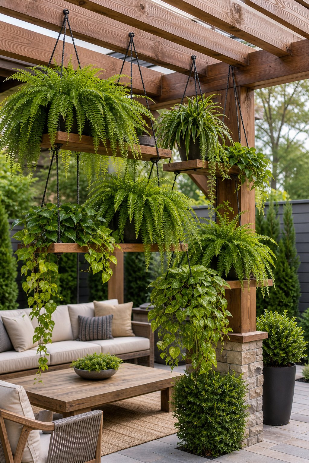 Pergola beams with hanging shelves filled with cascading ferns.