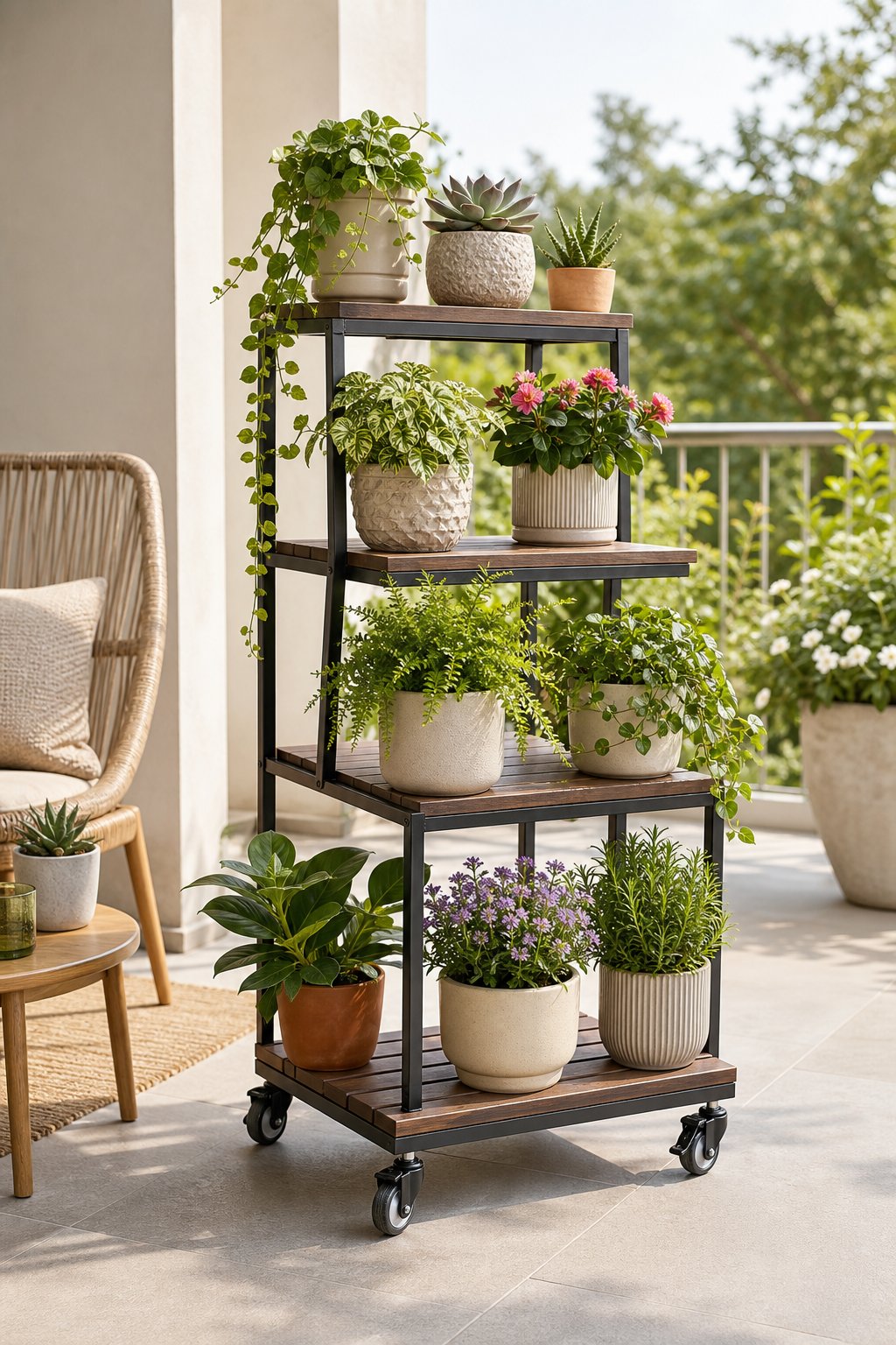 A rolling tiered plant cart filled with potted plants sits on a sunny patio.