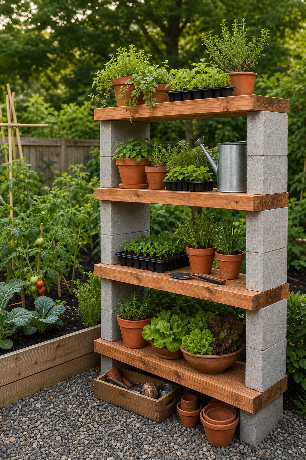 Cedar planks supported by concrete blocks form shelves beside a vegetable garden.