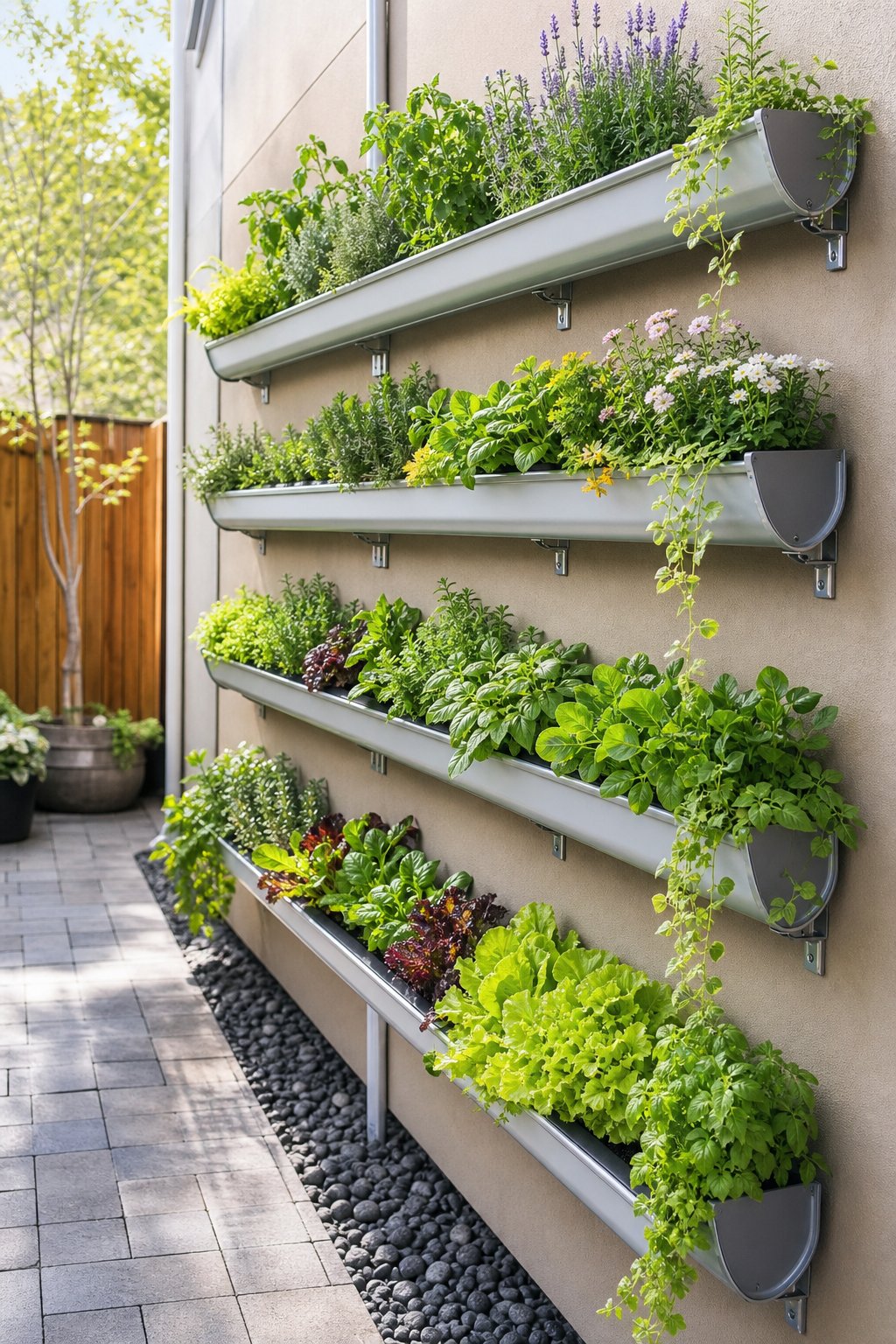 A narrow side yard with rows of gutter shelves holding herbs, flowers, and leafy plants.