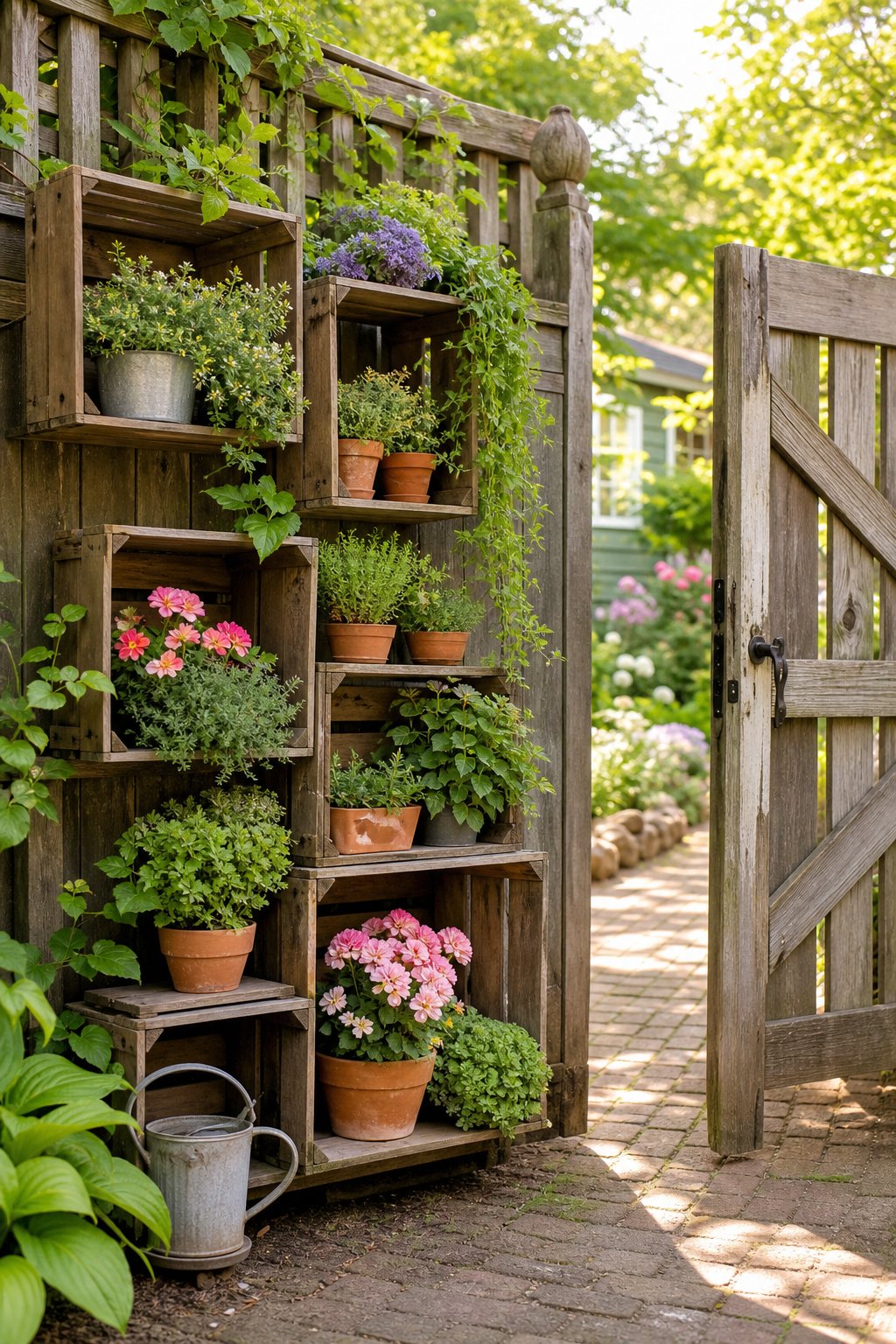 Reclaimed wooden crate shelves filled with plants beside a garden gate.