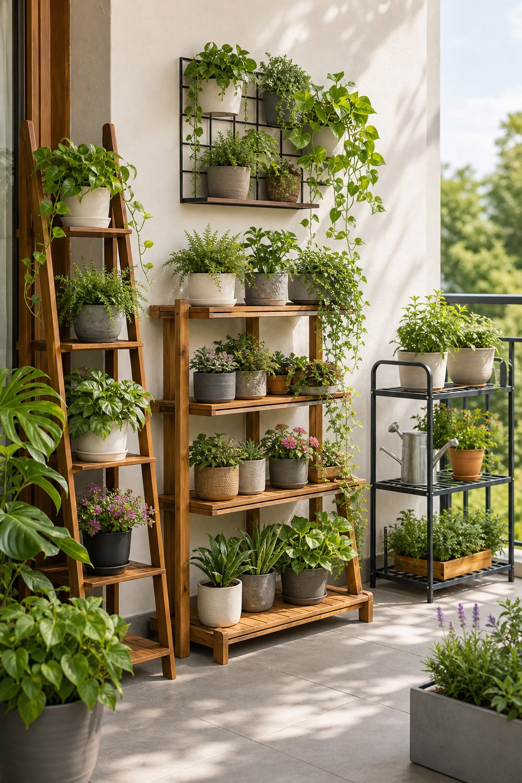 Outdoor patio with multiple plant shelves displaying a variety of potted plants.