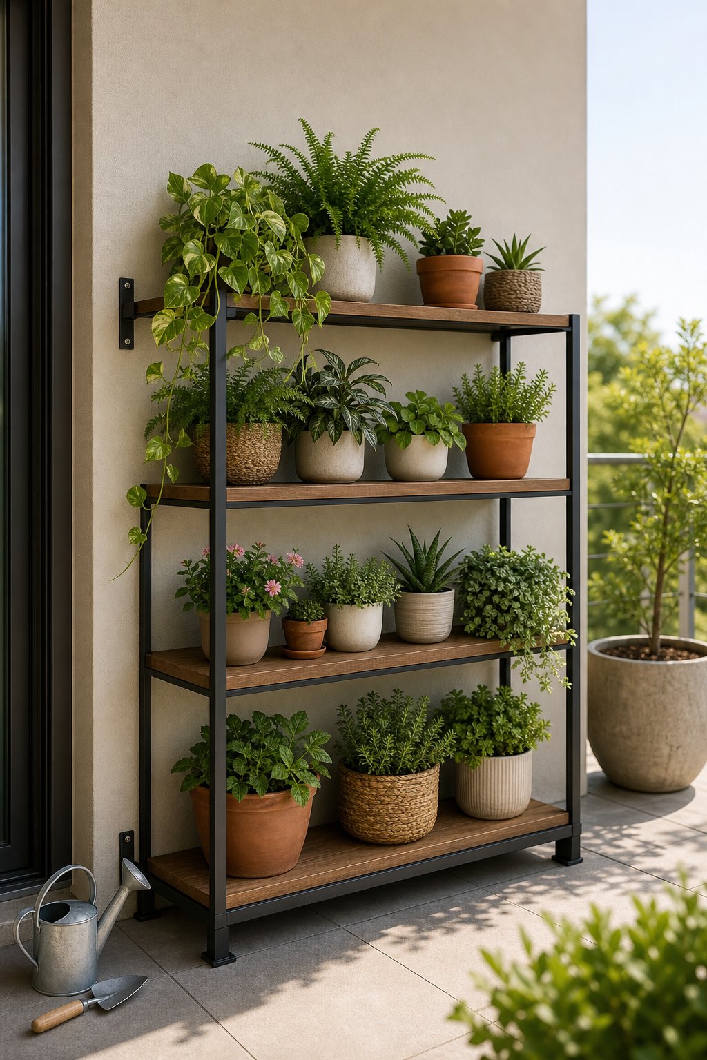A tiered outdoor shelf filled with assorted potted plants on a sunny patio.