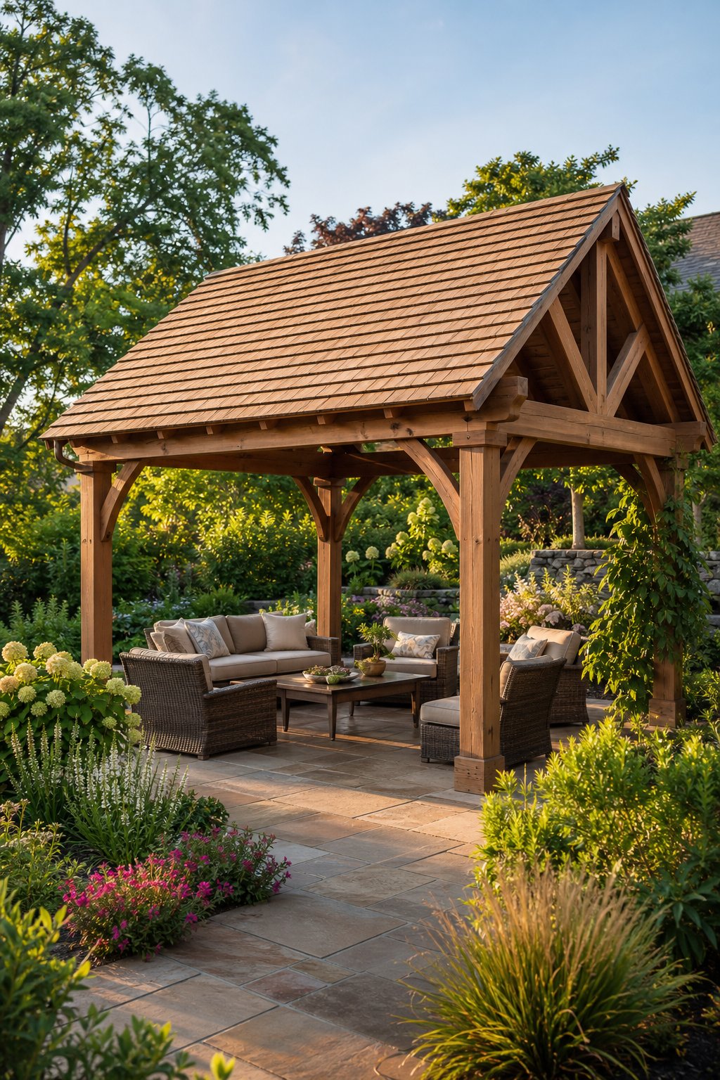 A wooden pergola with a pitched shingle roof beside a landscaped garden patio.