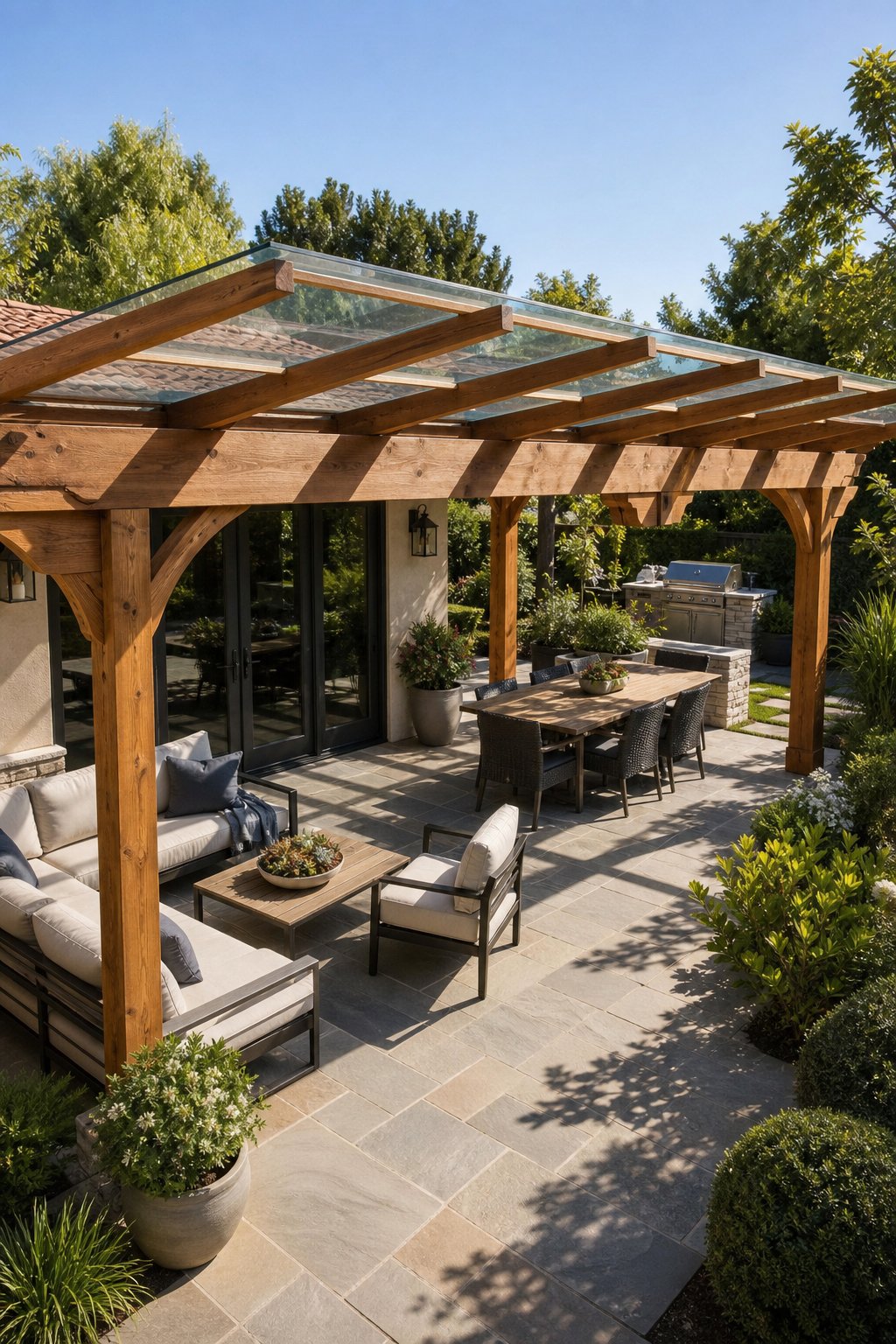 A sunlit patio with a wooden pergola topped by a clear glass roof and surrounded by greenery.