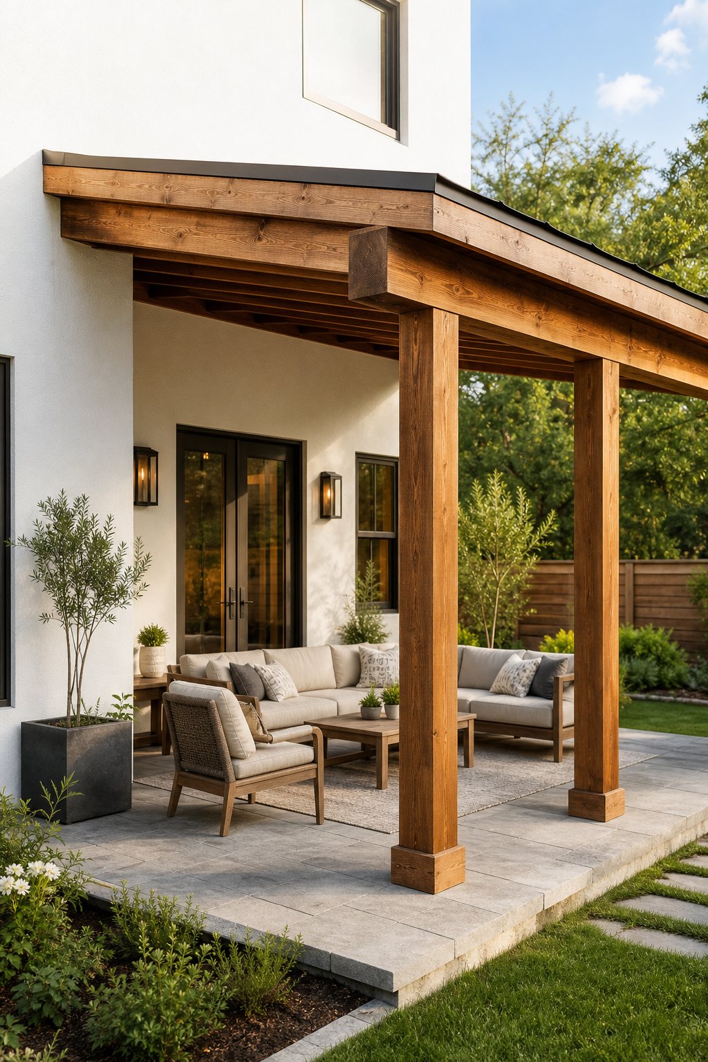 A wooden pergola with a sloped roof attached to the side of a house over a furnished patio.