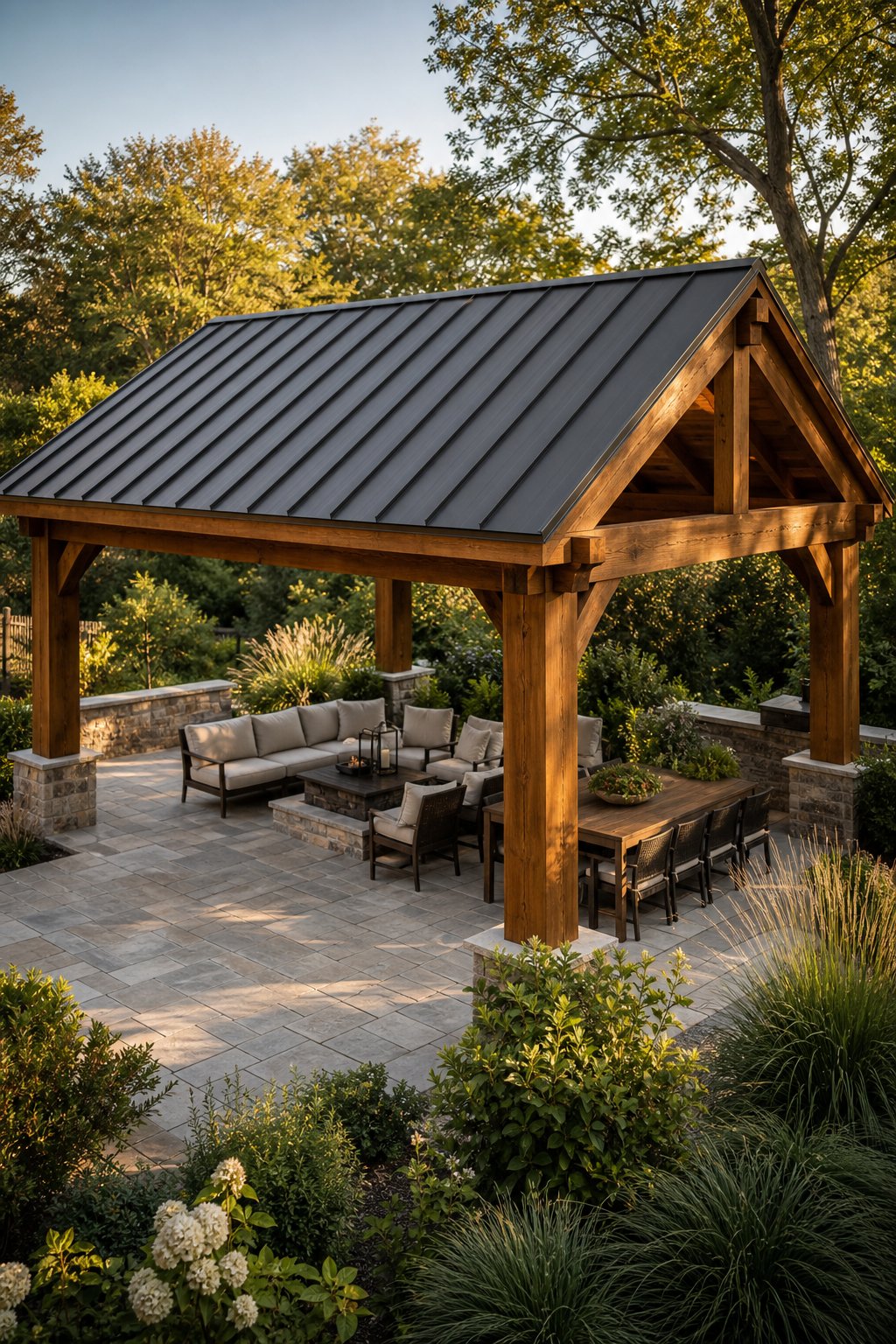 A timber pergola with a dark metal roof over a landscaped outdoor patio.