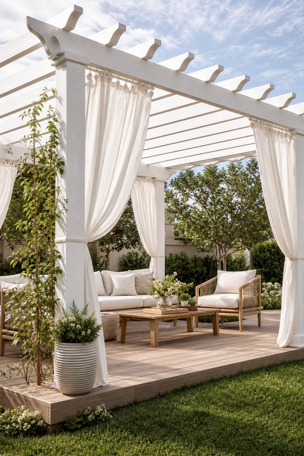 A white wooden pergola with a slatted roof, flowing curtains, outdoor seating, and garden plants.