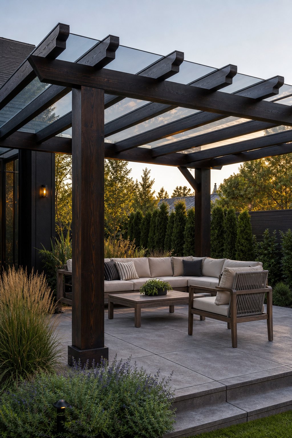A dark-stained wooden pergola with a clear tinted roof in a landscaped backyard.