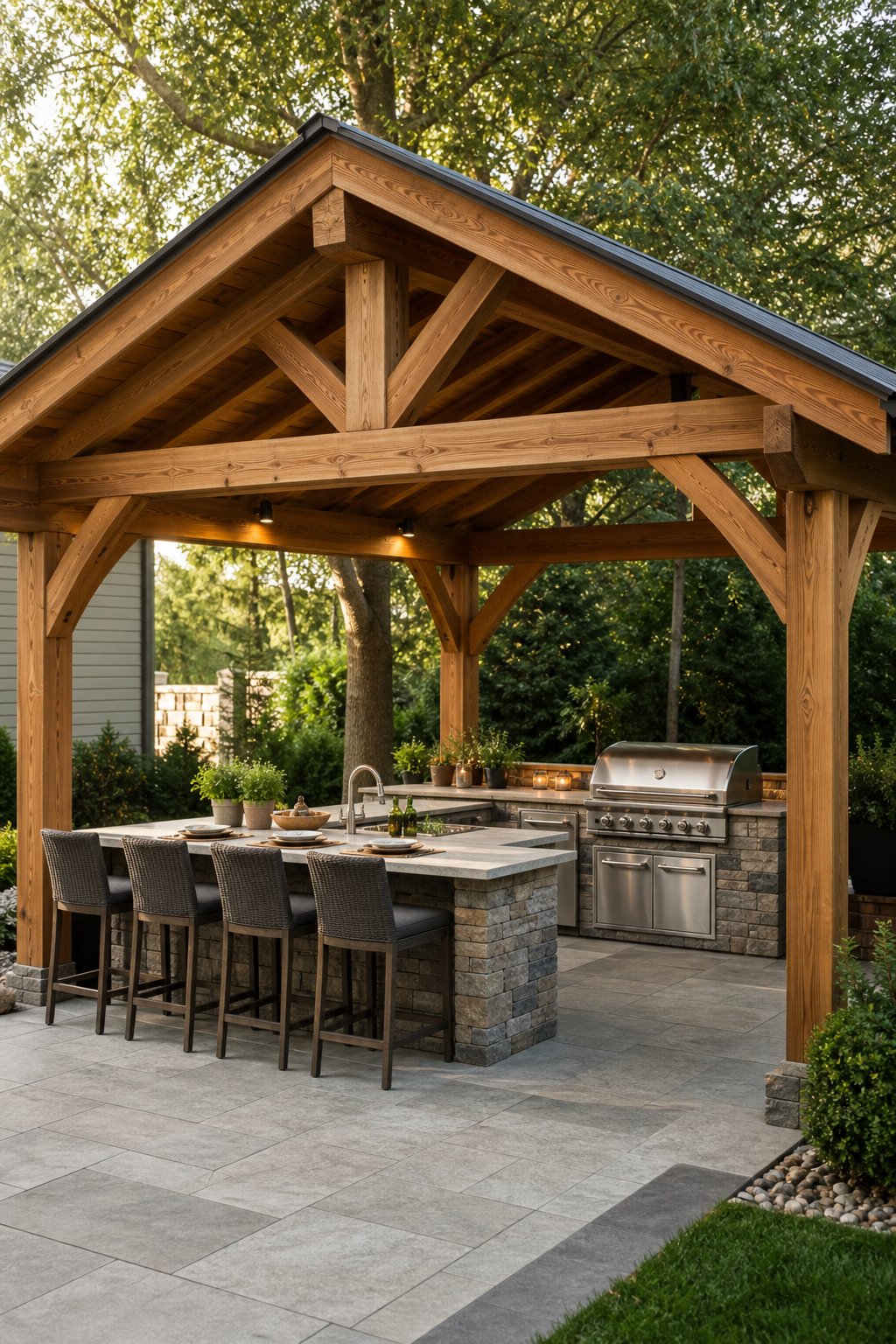 A cedar gabled pergola shelters a stone outdoor kitchen with a grill, cabinets, and seating on a landscaped patio.