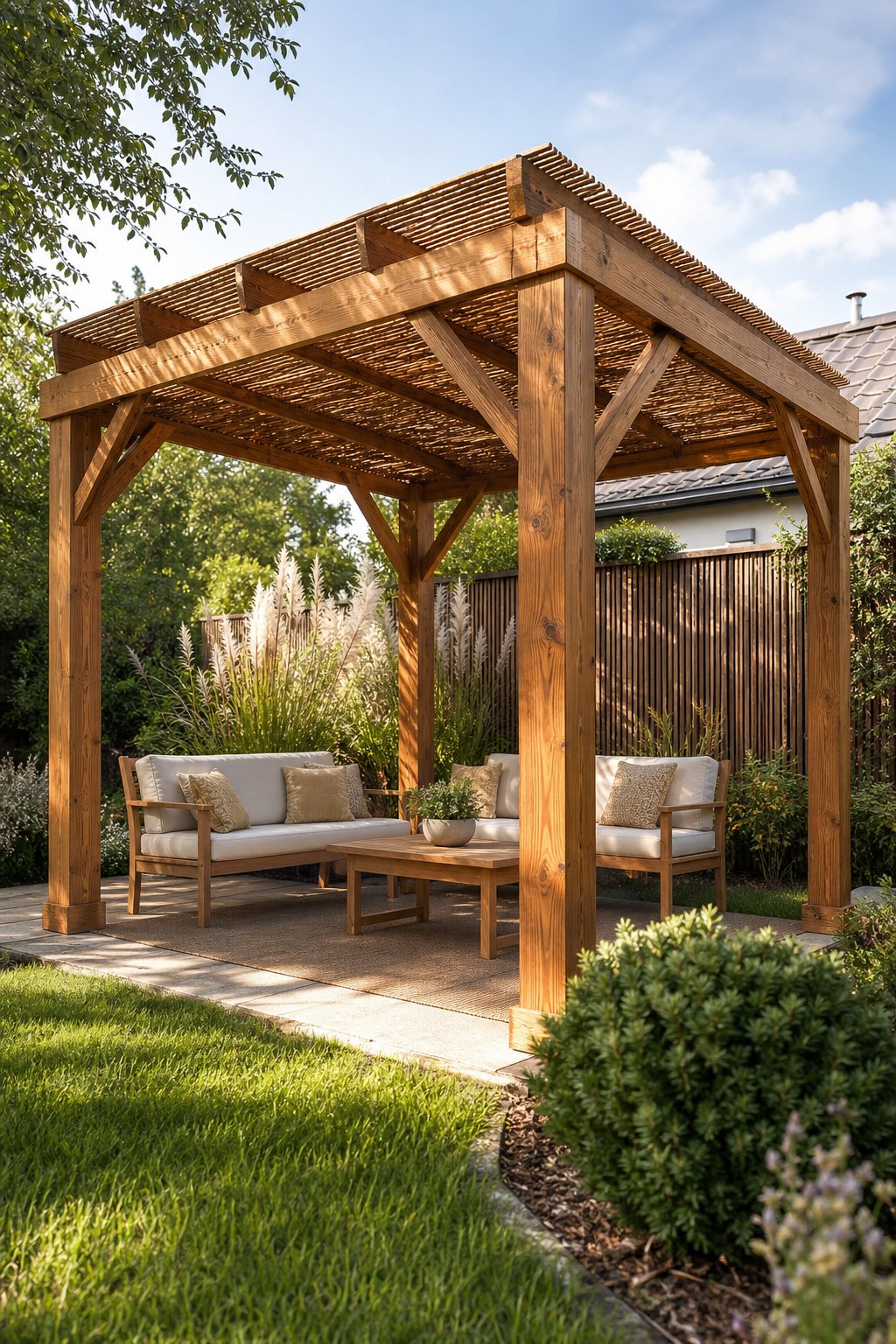 A wooden pergola with bamboo roof panels in a landscaped backyard.