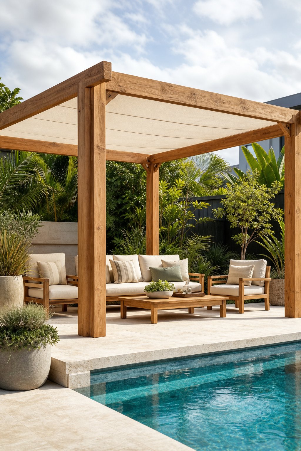 A teak pergola with a fabric roof beside a landscaped swimming pool.