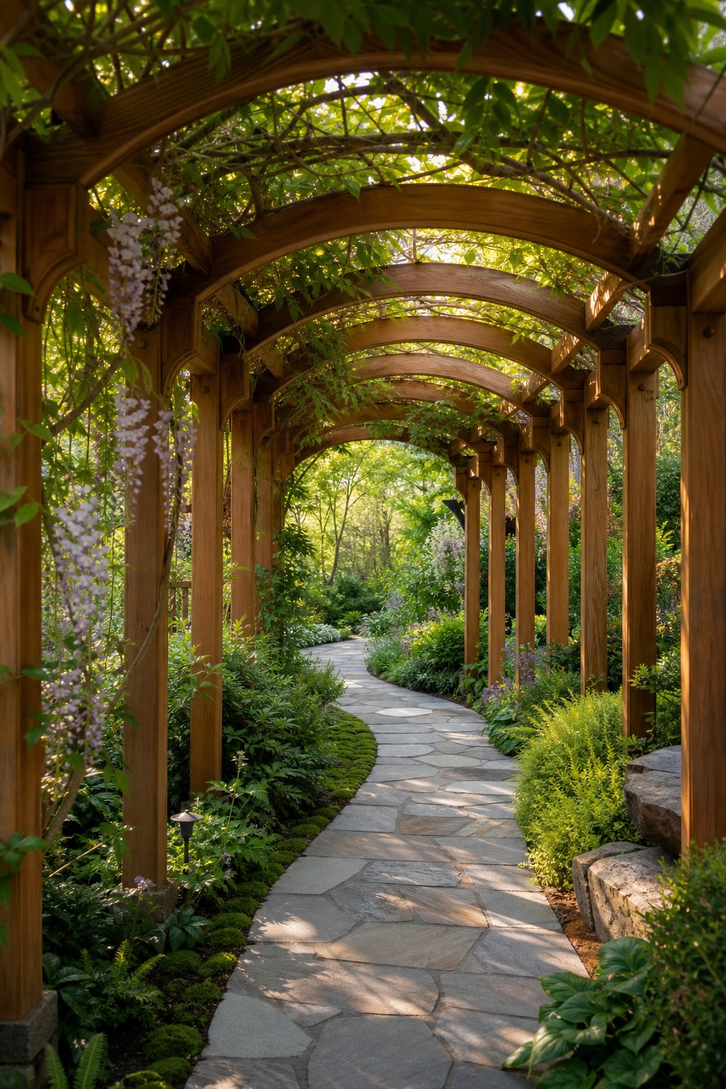 A wooden pergola with a curved roof arches over a garden path surrounded by lush plants and flowers.