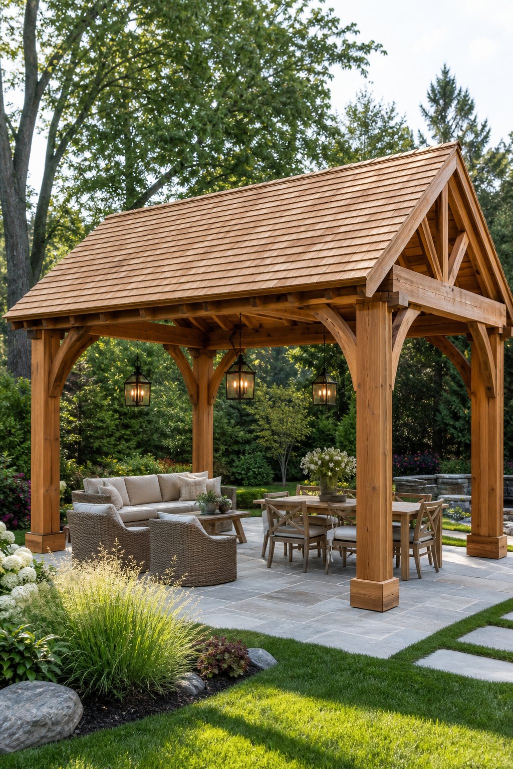 A freestanding cedar-shingled pergola with glowing lanterns stands on a landscaped stone patio.