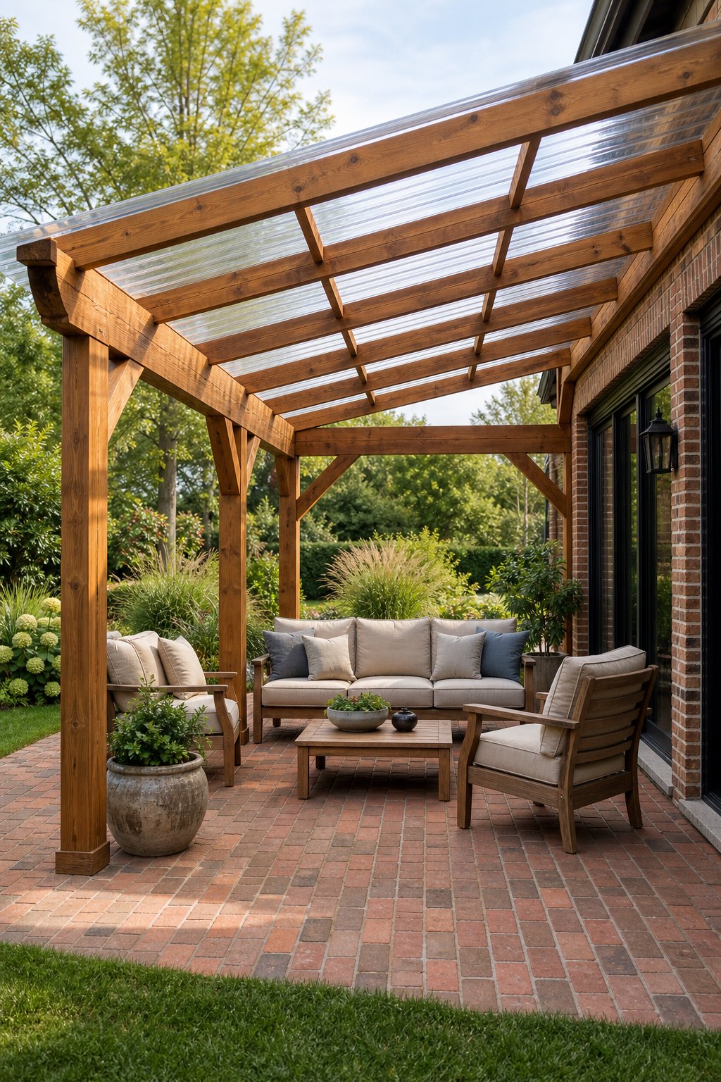 A wooden pergola with a clear roof covers a furnished brick patio surrounded by greenery.