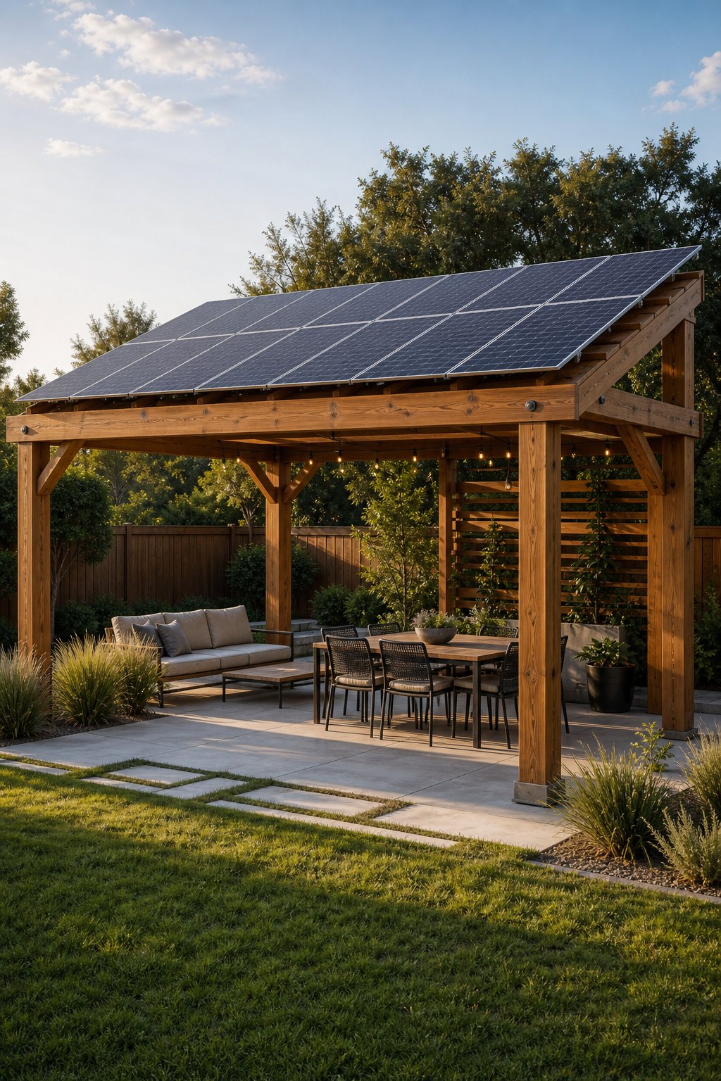 A wooden pergola with solar panels on its roof in a landscaped backyard.