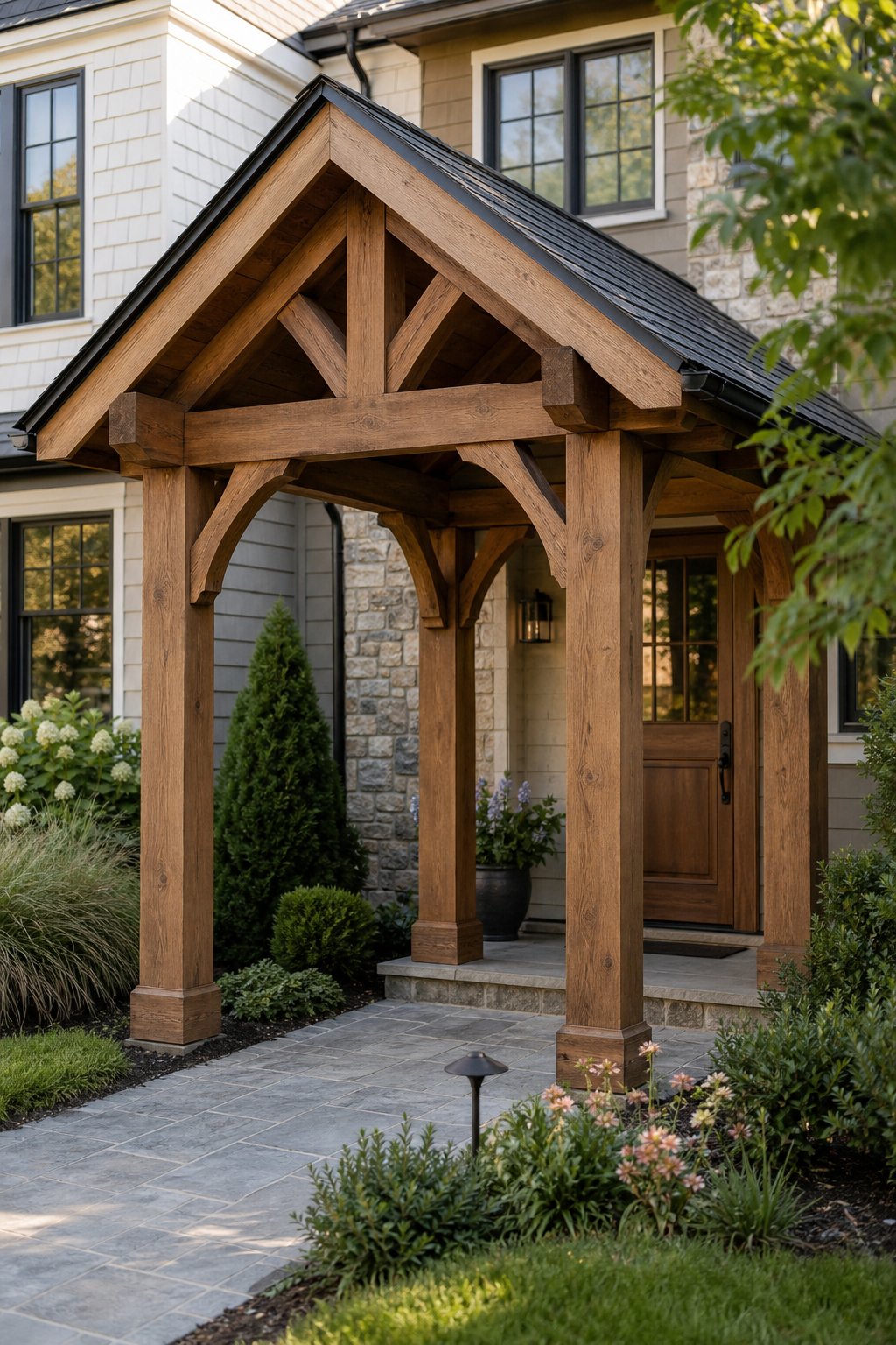 A wooden pergola with a small pitched roof marks the landscaped entrance to a home.