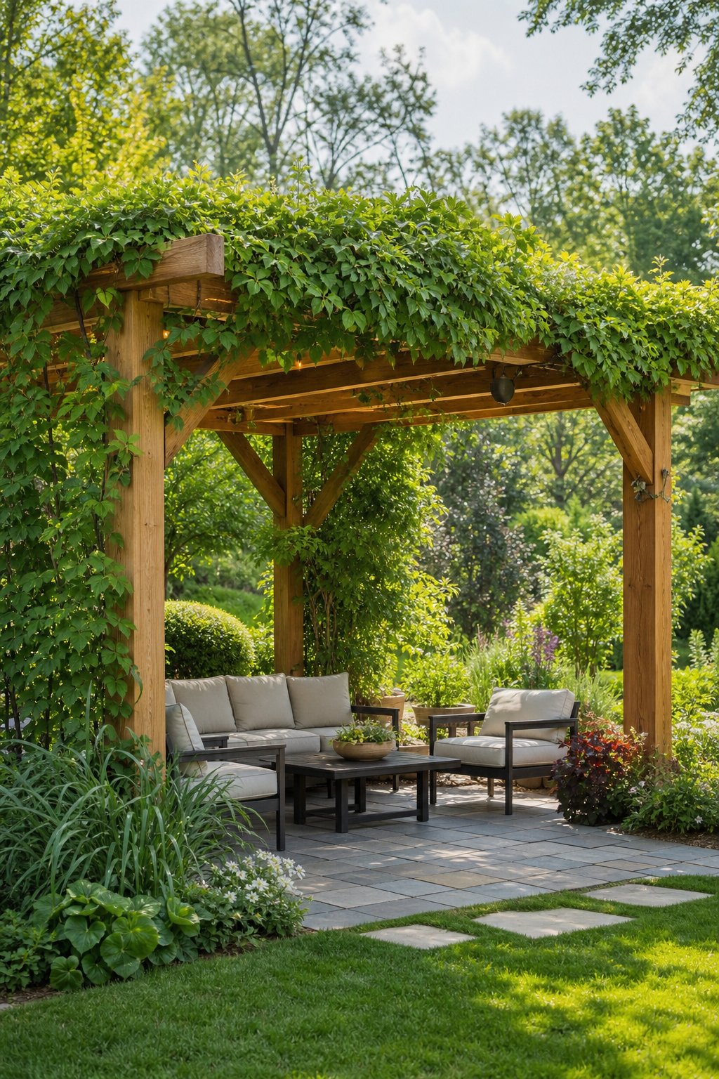 A wooden pergola covered with a lush green roof and climbing vines in a landscaped garden.