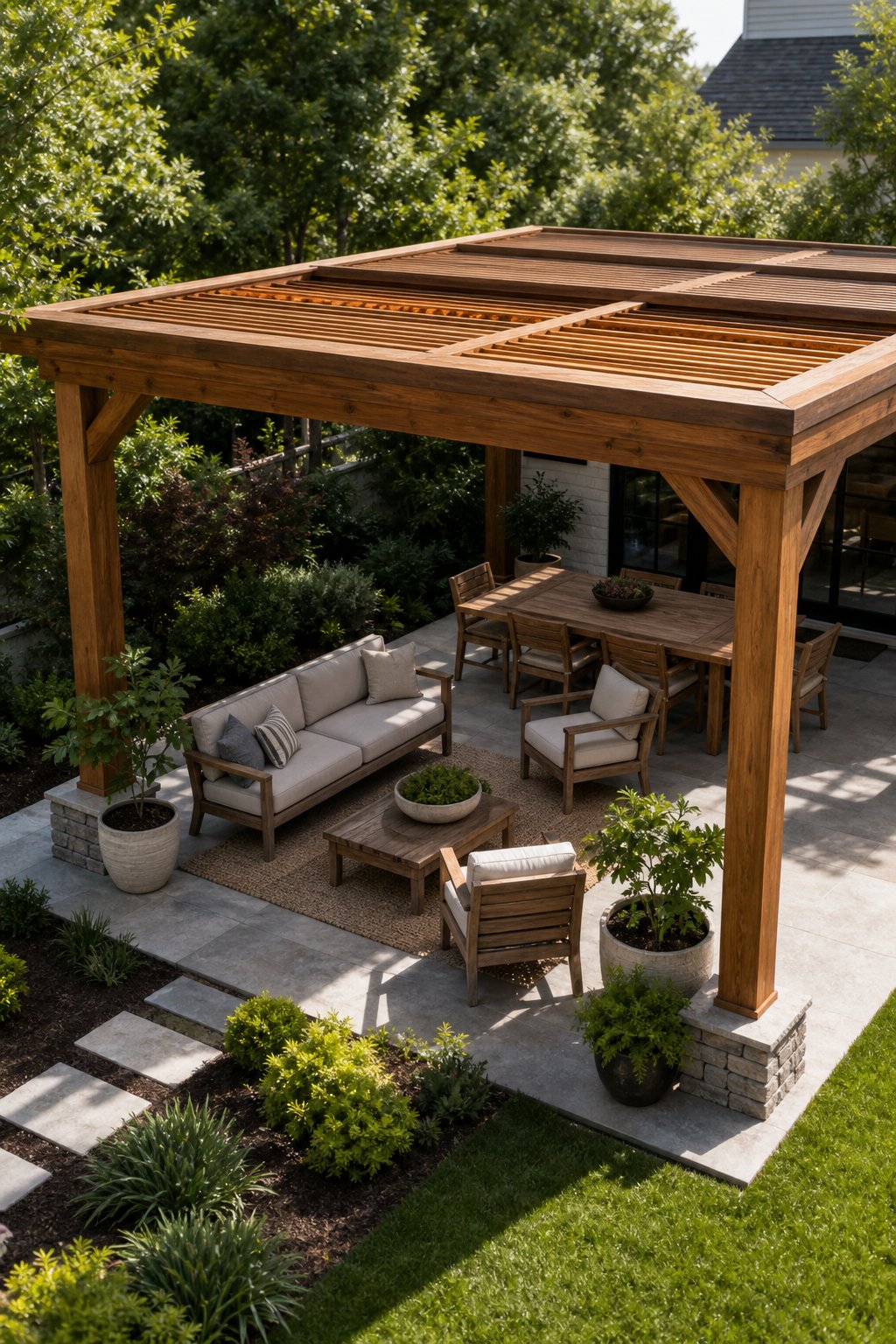 A wooden pergola with a shaded roof over a furnished backyard patio.