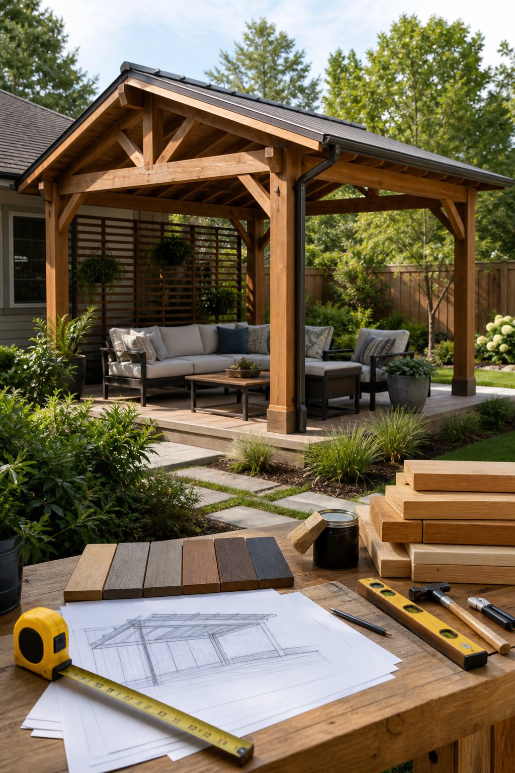 A covered wooden pergola in a landscaped backyard with outdoor seating and maintenance tools.