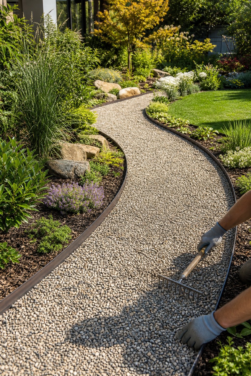 A gravel garden path neatly bordered by dark steel edging and surrounded by lush plants.