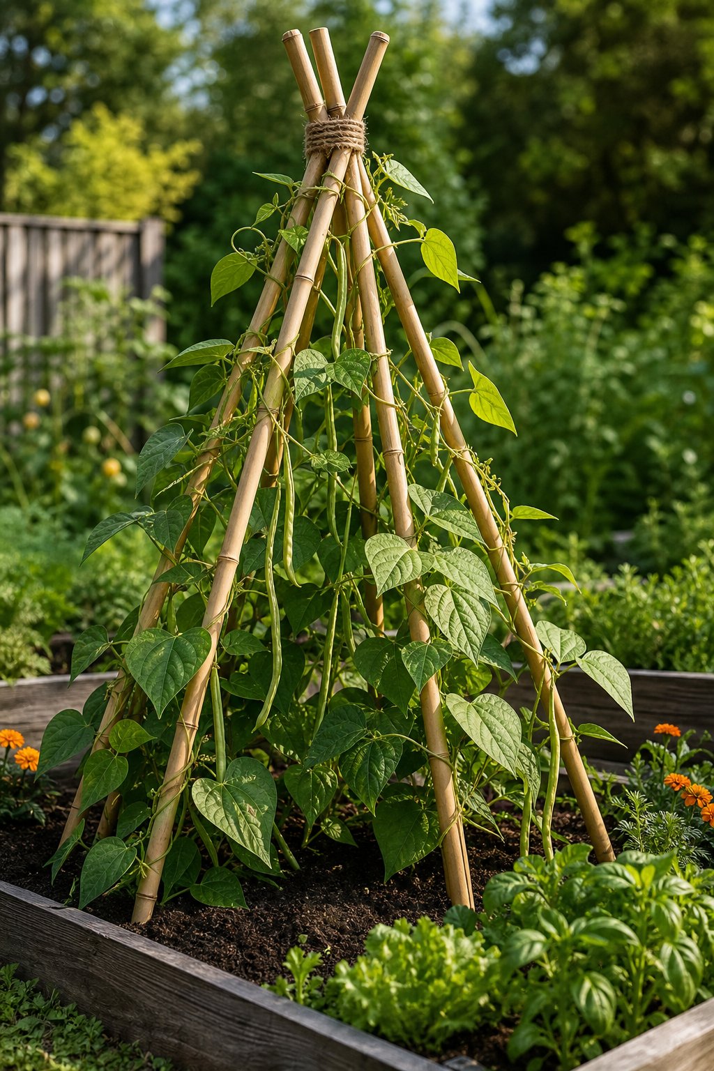 A bamboo teepee trellis covered with climbing bean plants in a backyard garden.