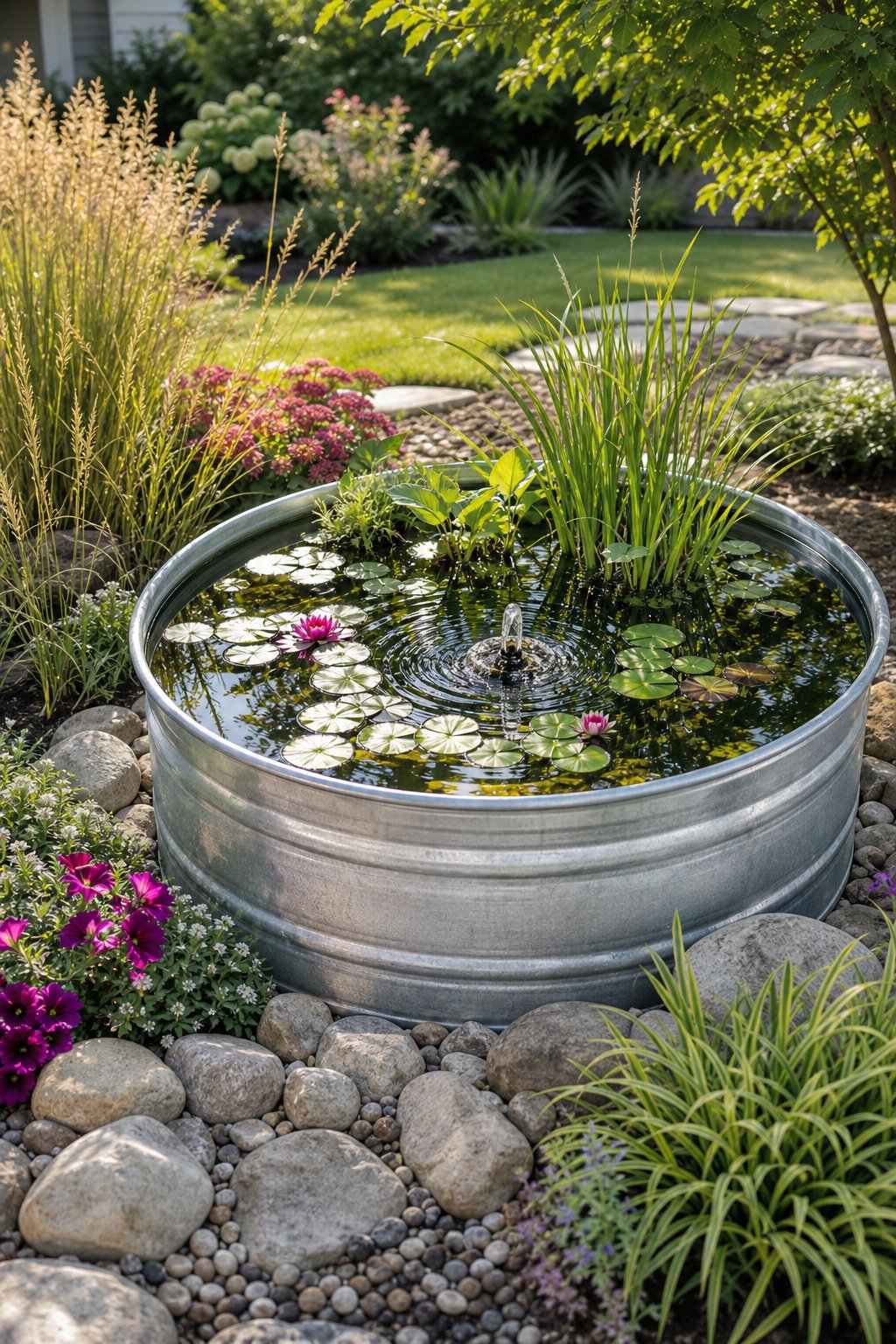 A galvanized stock tank filled with water, lily pads, and aquatic plants in a lush backyard garden.
