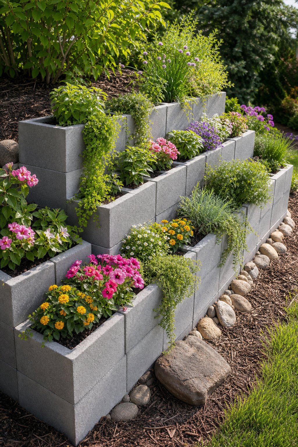 Tiered cinder block planters filled with flowers and greenery in a landscaped backyard garden.
