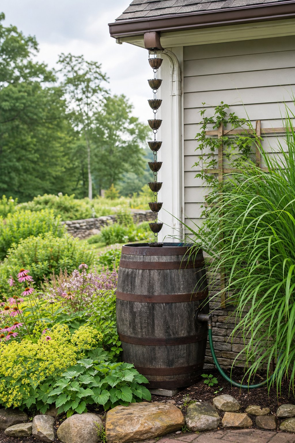 A rain barrel collects water from a roof through a decorative rain chain beside a landscaped garden.