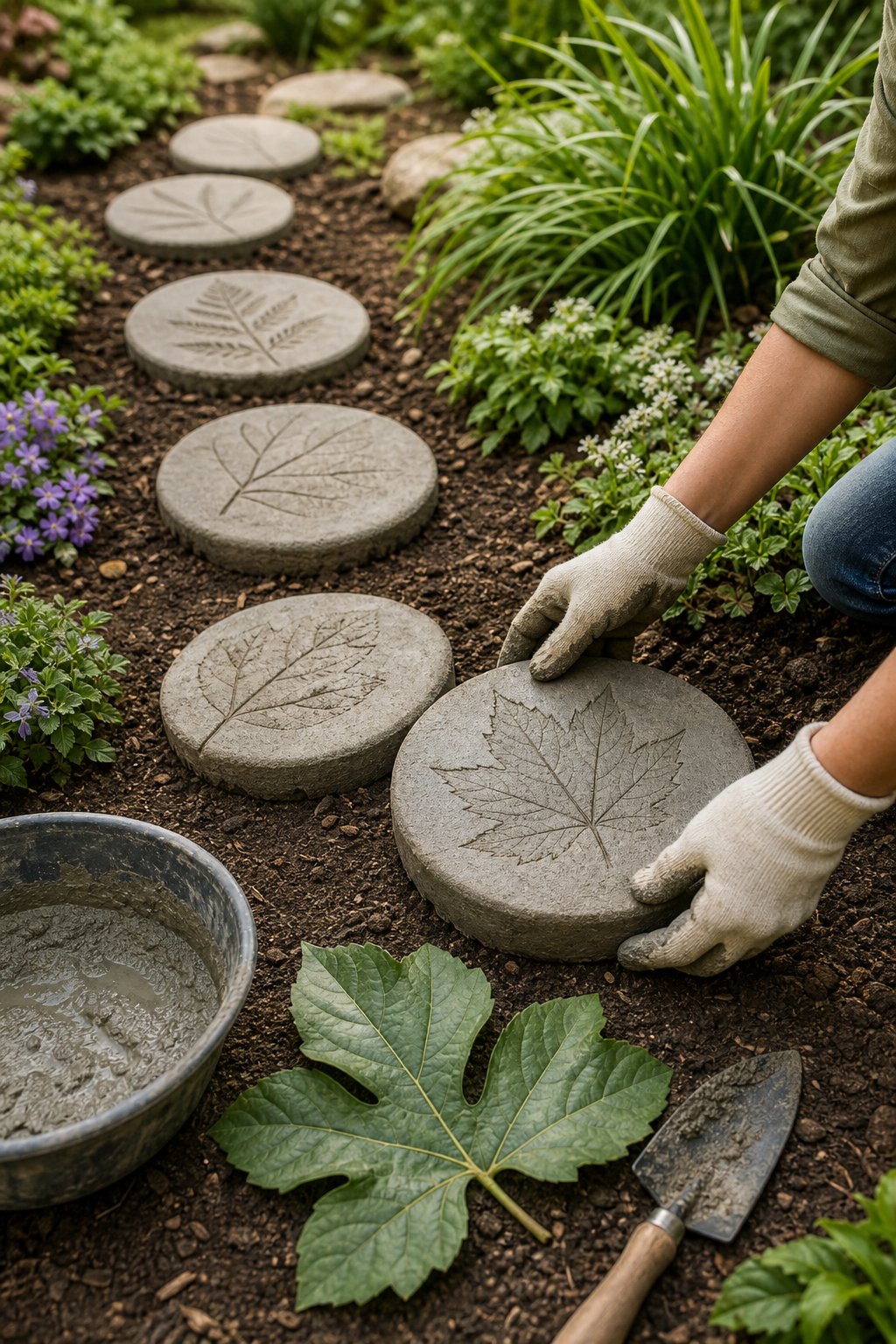 Concrete stepping stones with leaf imprints form a path through a lush garden.