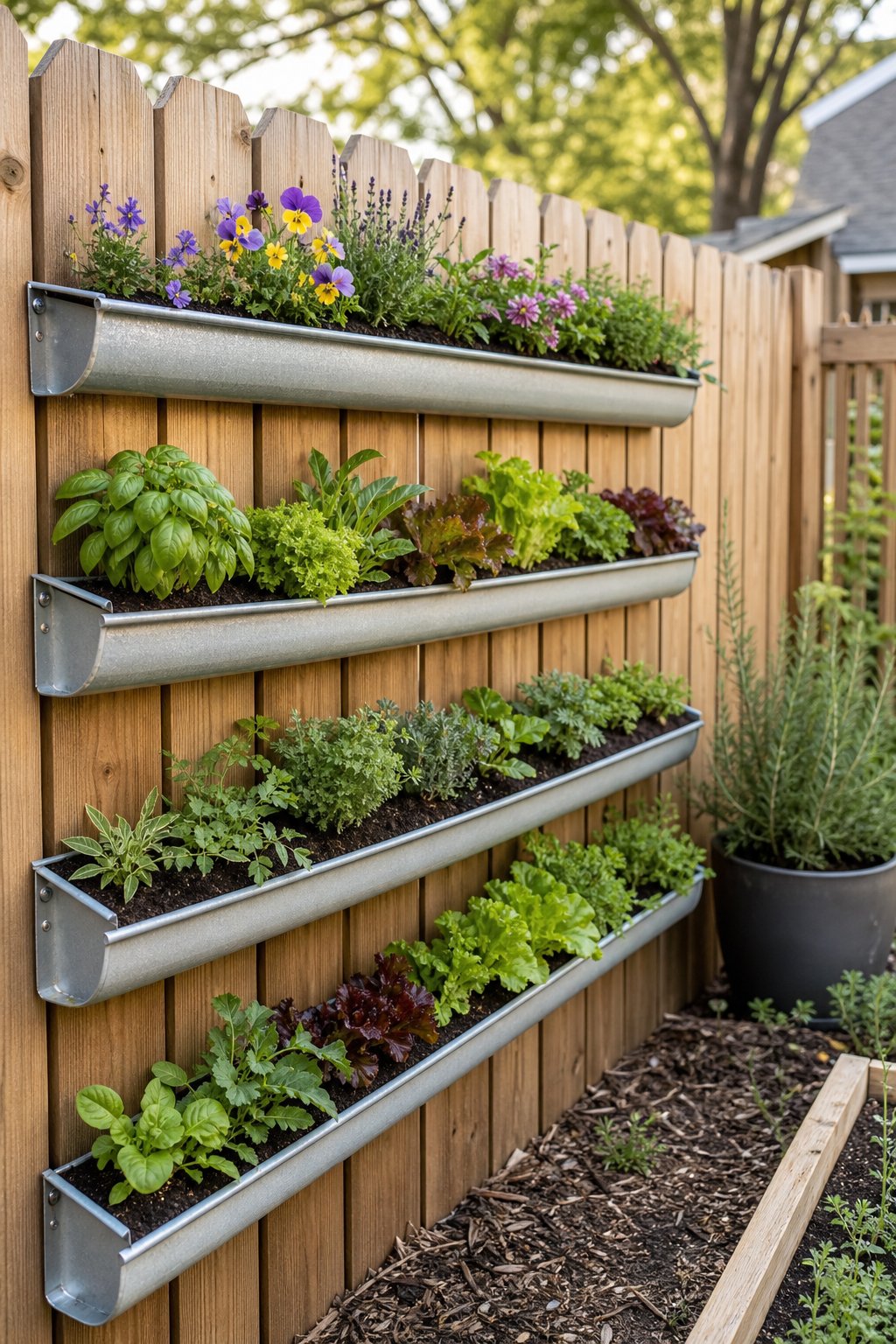 A tiered gutter garden filled with plants mounted along a wooden backyard fence.