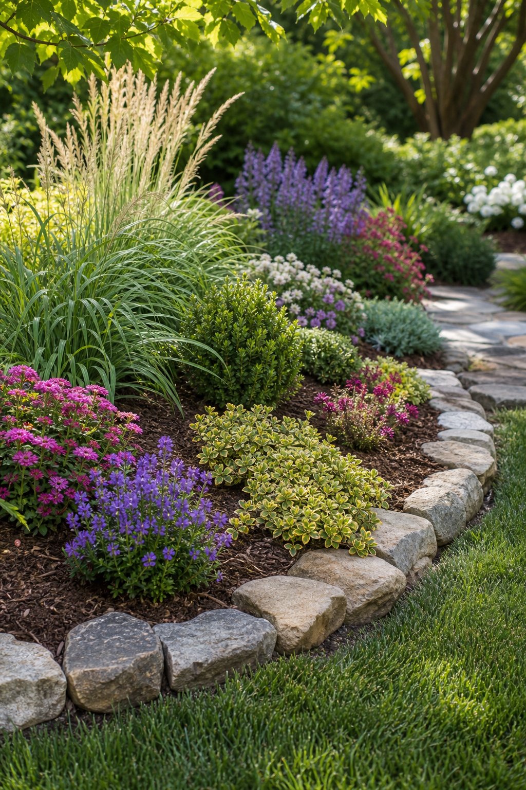 A curved flower bed filled with colorful plants and edged with natural fieldstones beside a green lawn.