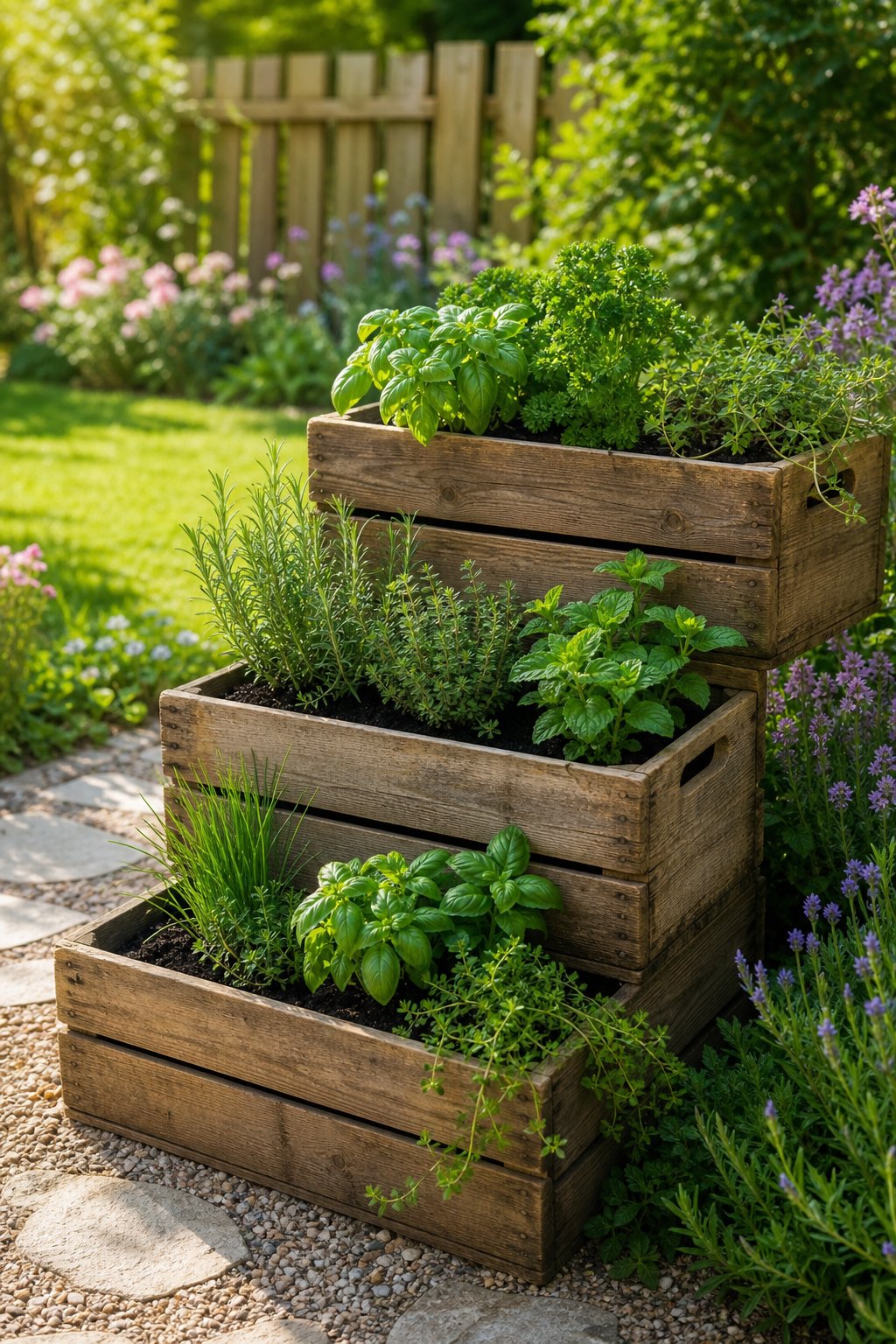 Tiered wooden crates filled with fresh herbs in a sunny backyard garden.